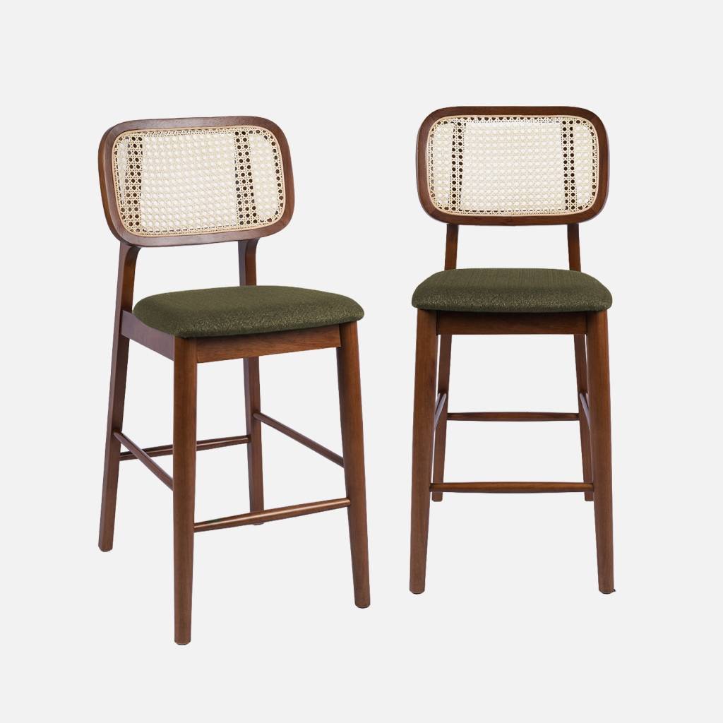 Taburete de bar vintage de madera de hevea con rejilla y tela, set de 2, Nogal
