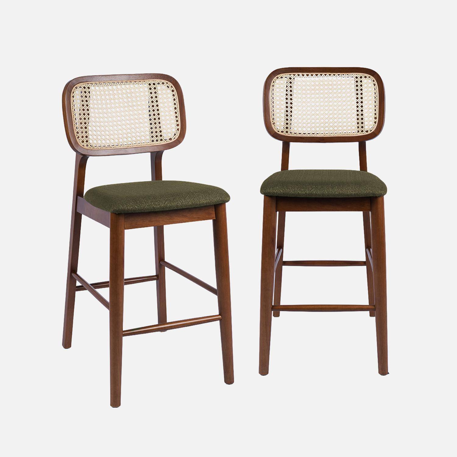 Set 2 sgabelli da bar in legno di hevea con impagliatura e tessuto, Mani, Noce, 44x59x98.5 cm,sweeek,Photo7