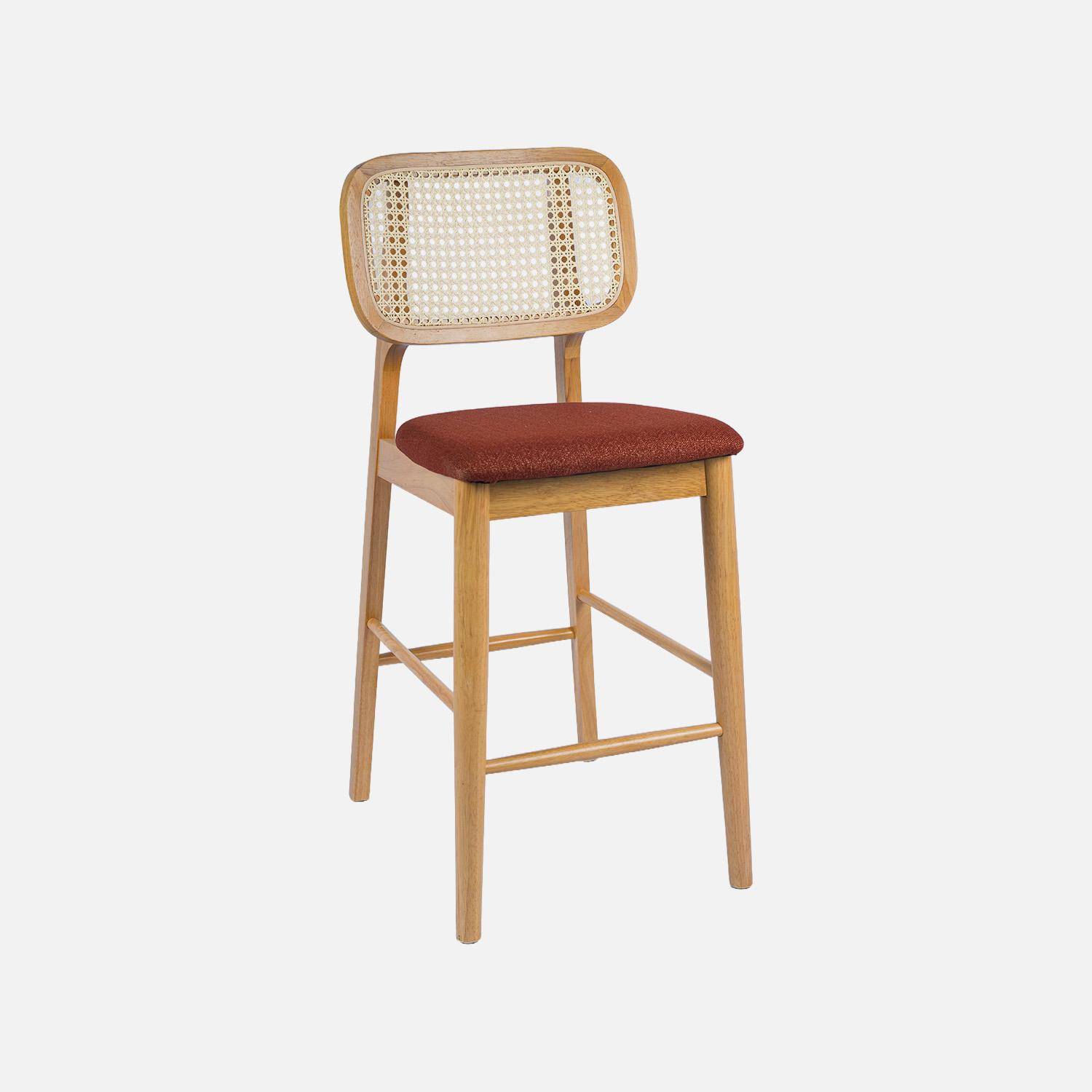 Set van 2 barkrukken van rubberhout met rotan en stof 66,5 cm naturel en terracotta - Mani Photo2