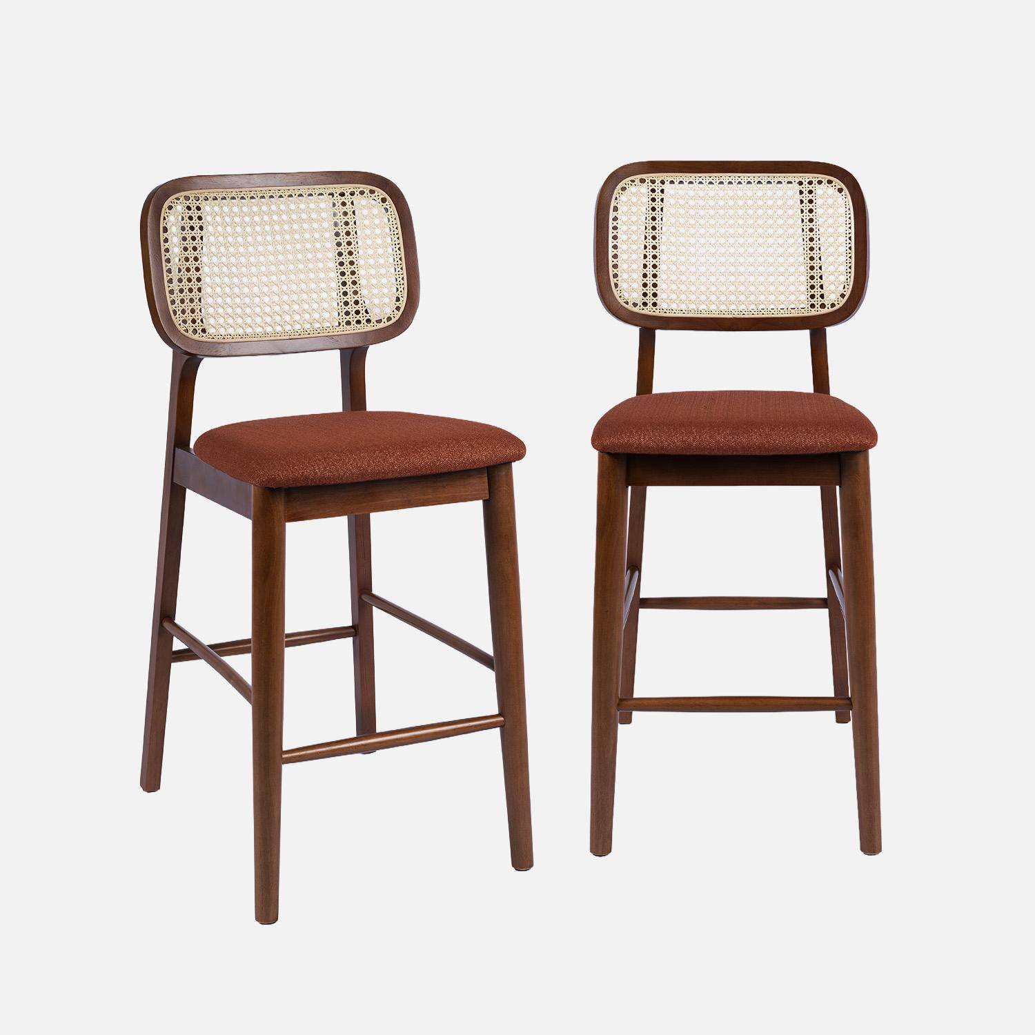 Set van 2 vintage barkrukken van rubberhout met rotan en stof 66,5 cm walnoot en terracotta - Mani Photo2