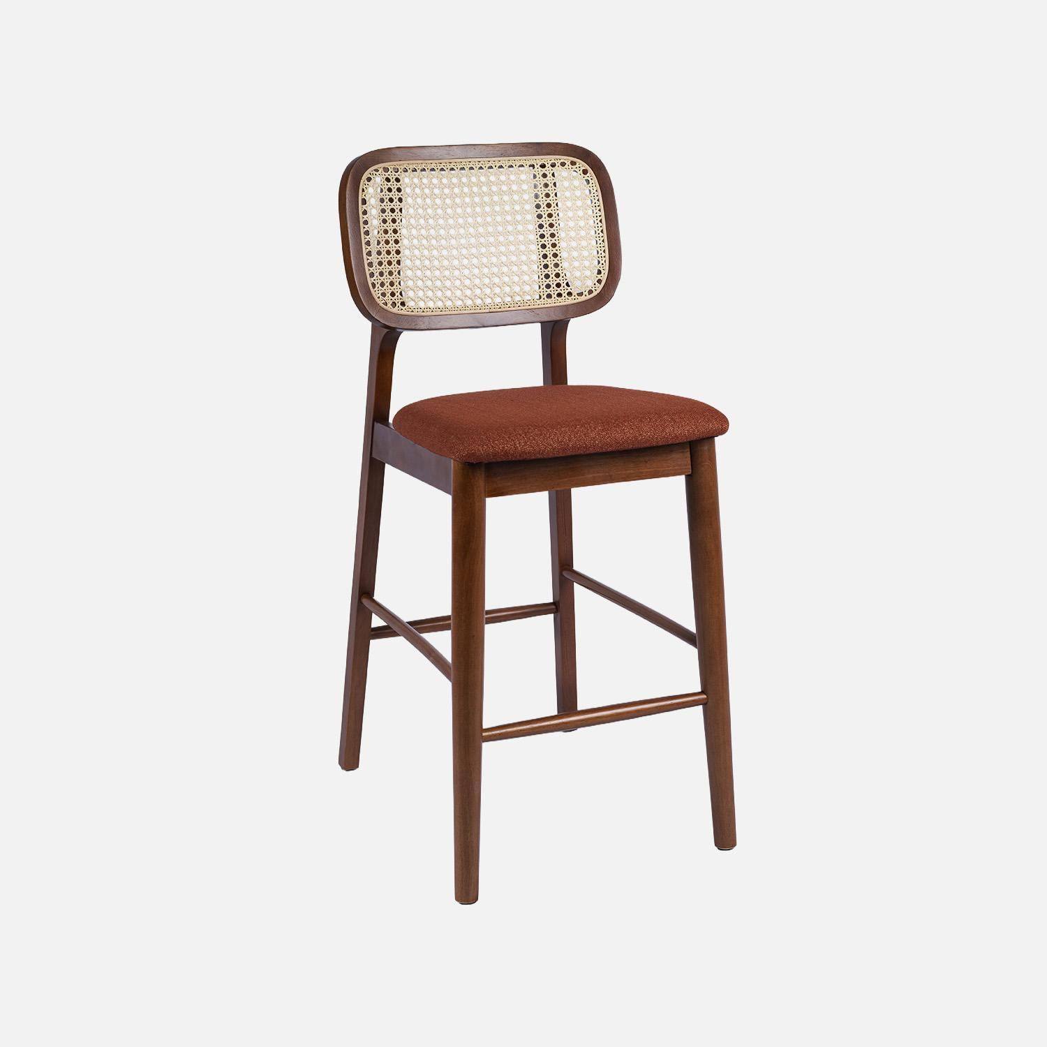 Set van 2 vintage barkrukken van rubberhout met rotan en stof 66,5 cm walnoot en terracotta - Mani Photo3