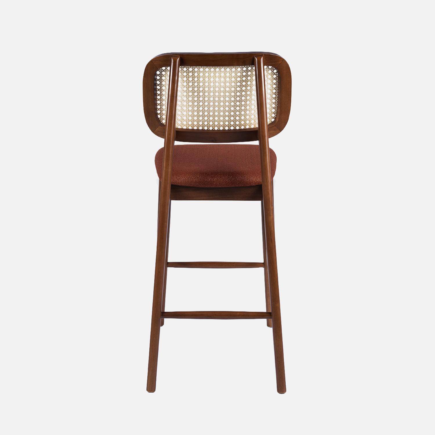 Set van 2 vintage barkrukken van rubberhout met rotan en stof 66,5 cm walnoot en terracotta - Mani Photo5