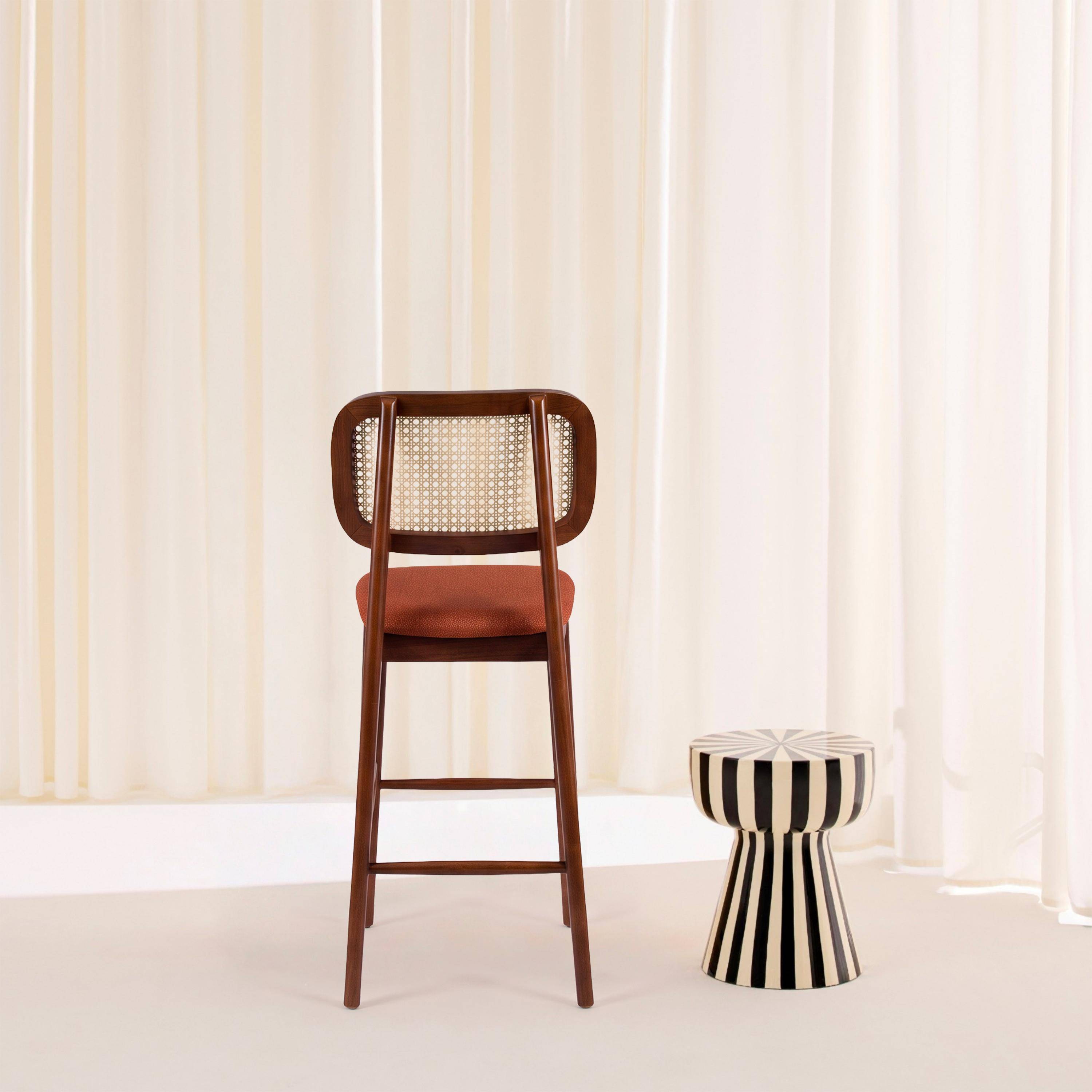 Lot de 2 tabourets de bar bois d'hévéa cannage et tissu 66,5cm noyer et terracotta - Mani,sweeek,Photo4