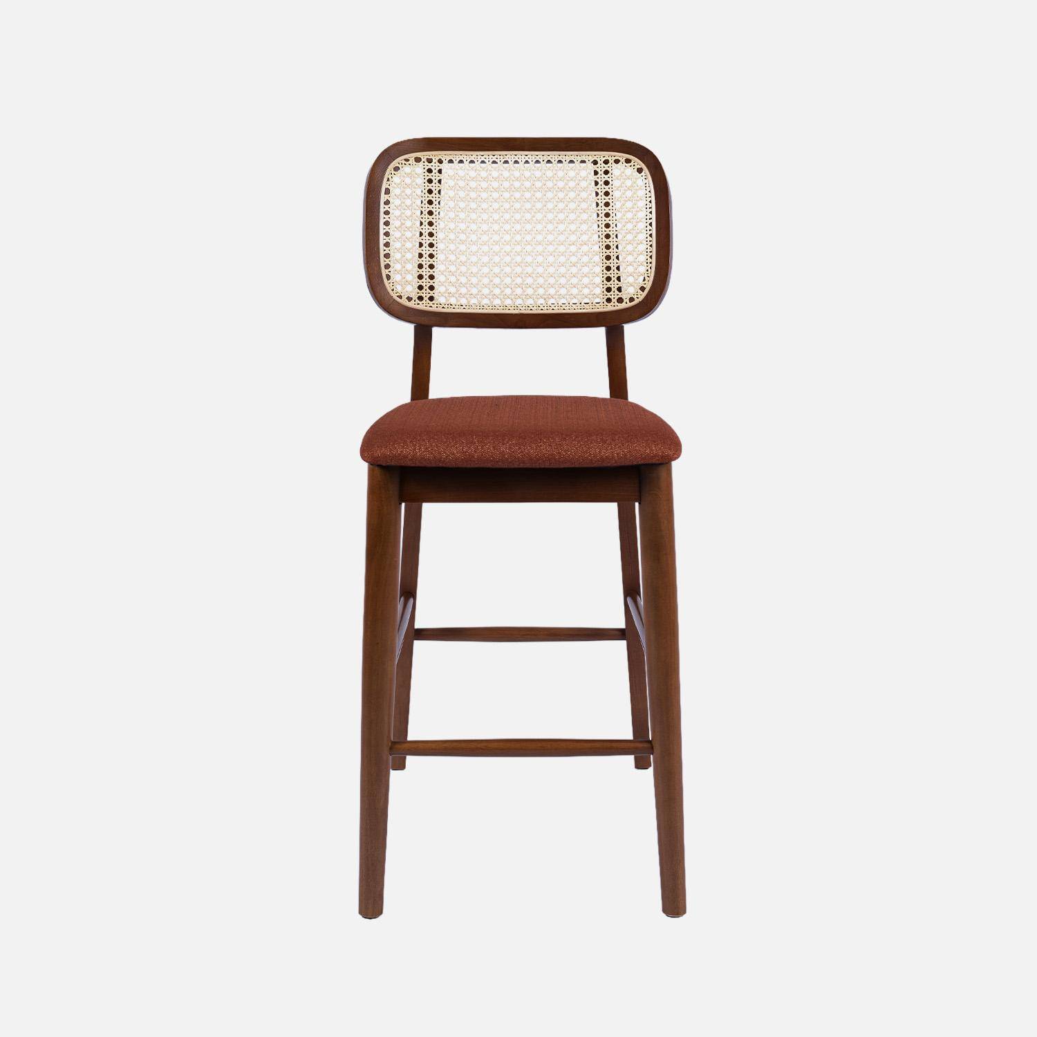 Set van 2 vintage barkrukken van rubberhout met rotan en stof 66,5 cm walnoot en terracotta - Mani,sweeek,Photo4