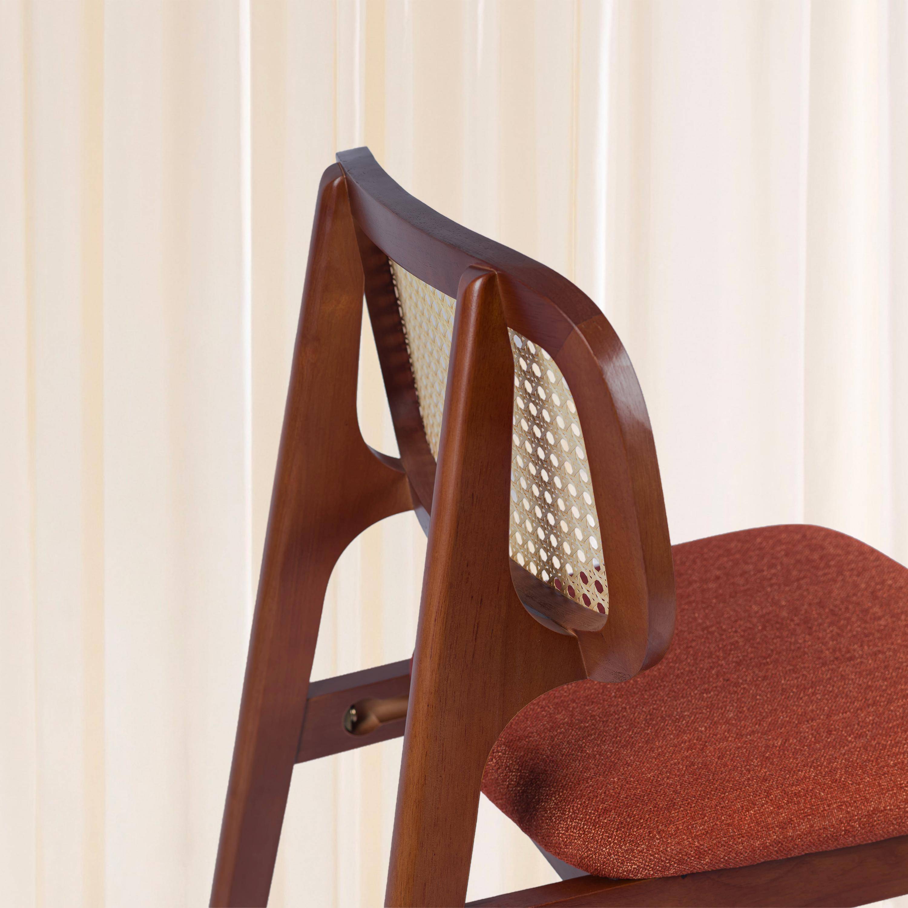 Lot de 2 tabourets de bar bois d'hévéa cannage et tissu 66,5cm noyer et terracotta - Mani Photo6