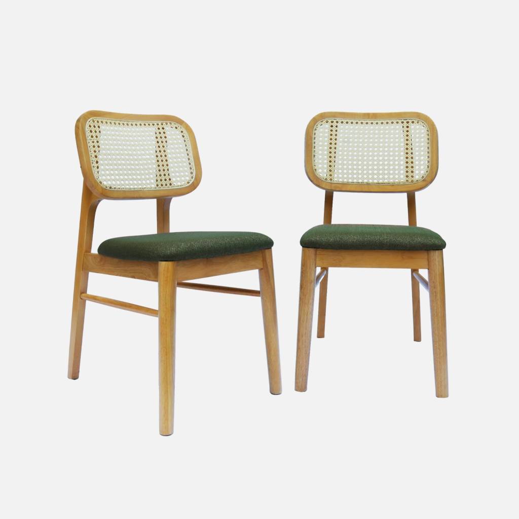 Lot de 2 chaises bohème bois d'hévéa et cannage kaki