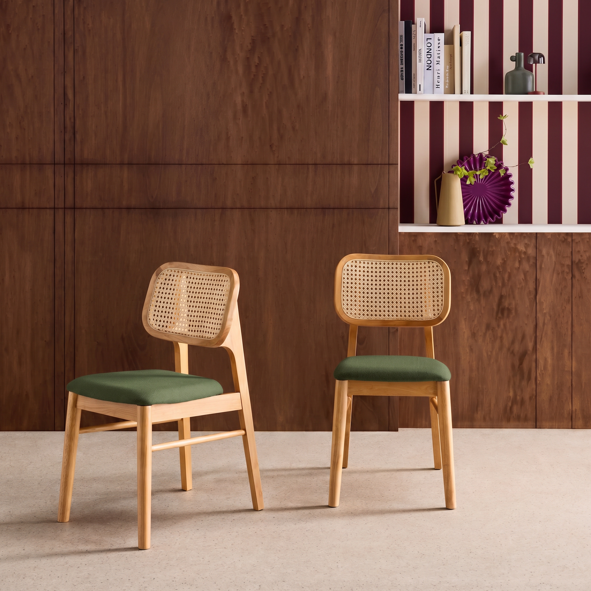 2er-Set Stühle im Bohème-Stil aus Hevea und Rattan-Geflecht khaki - Mani Photo1