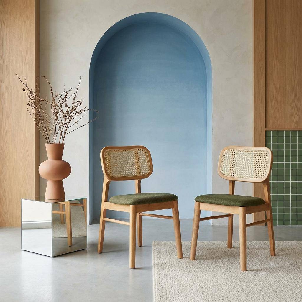2er-Set Stühle im Bohème-Stil aus Hevea und Rattan-Geflecht khaki - Mani Photo1