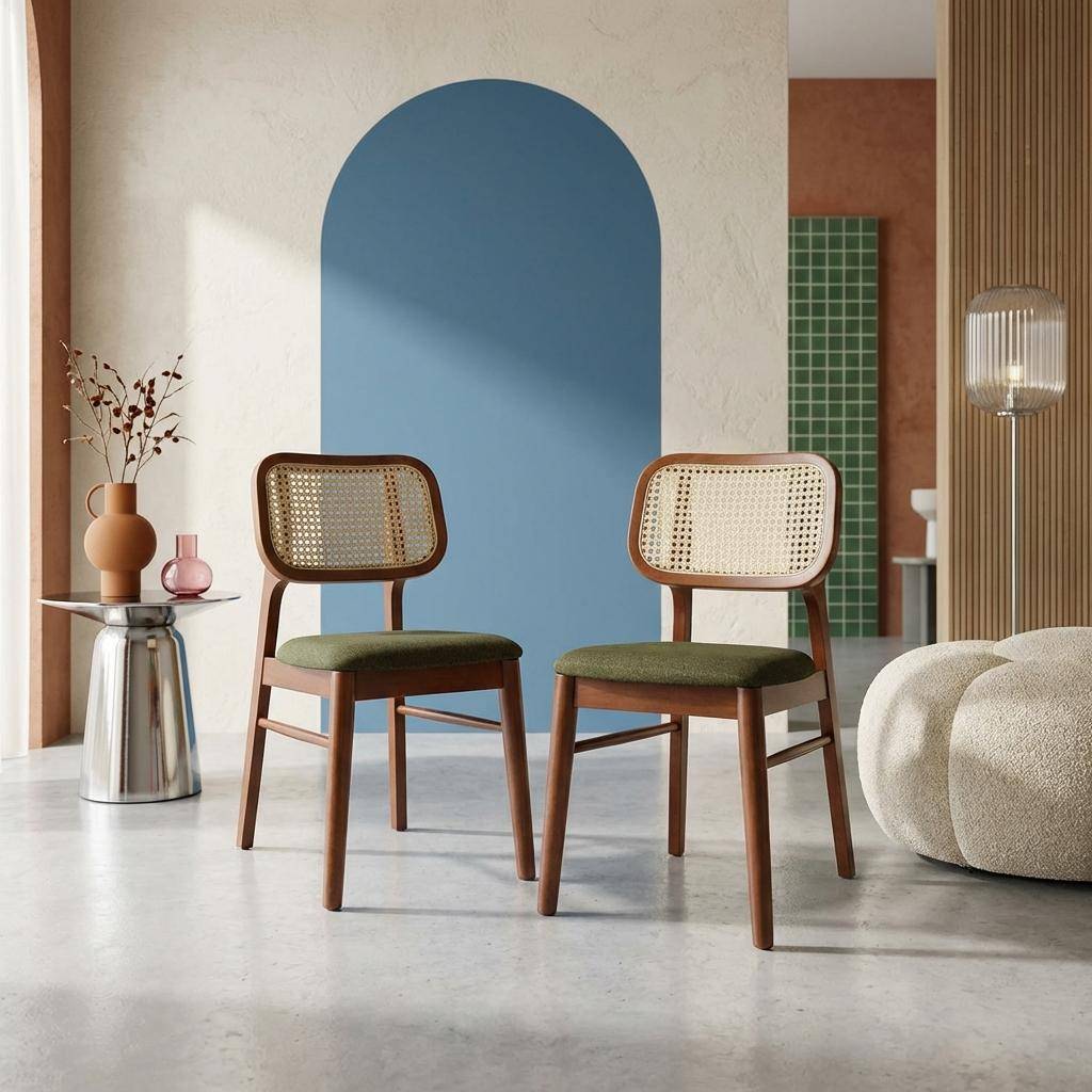 Lot de 2 chaises vintage bois d'hévéa et cannage kaki - Mani,sweeek,Photo1