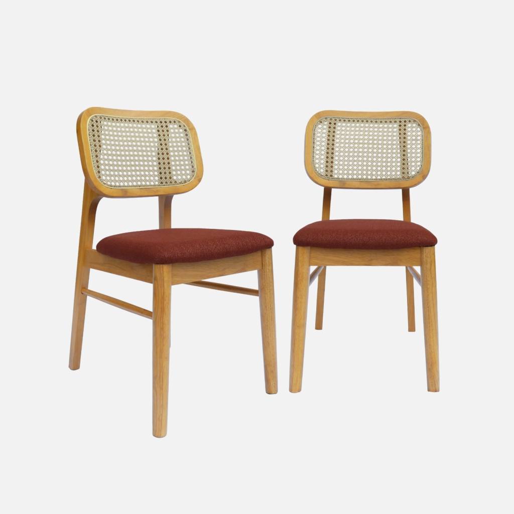 Lot de 2 chaises bohème bois d'hévéa et cannage terracotta