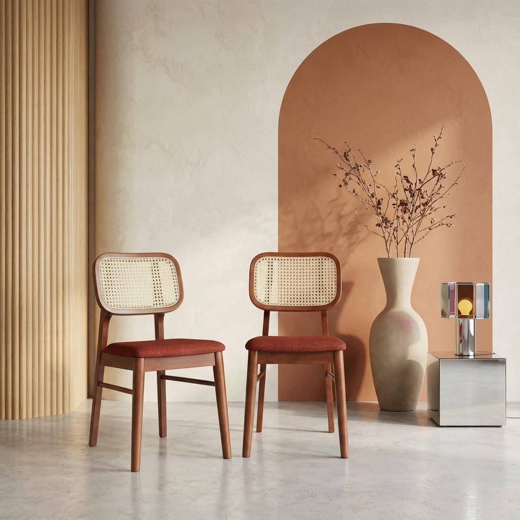 Silla vintage de madera de hevea y rejilla, set de 2 Nogal - 43x55x81 cm Photo1