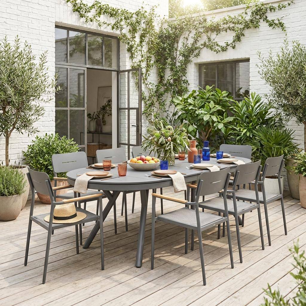 Ovaler verlängerbarer Gartentisch 220/280cm aus Aluminium + 8 Sessel anthrazit - Metora / Fira,sweeek,Photo1