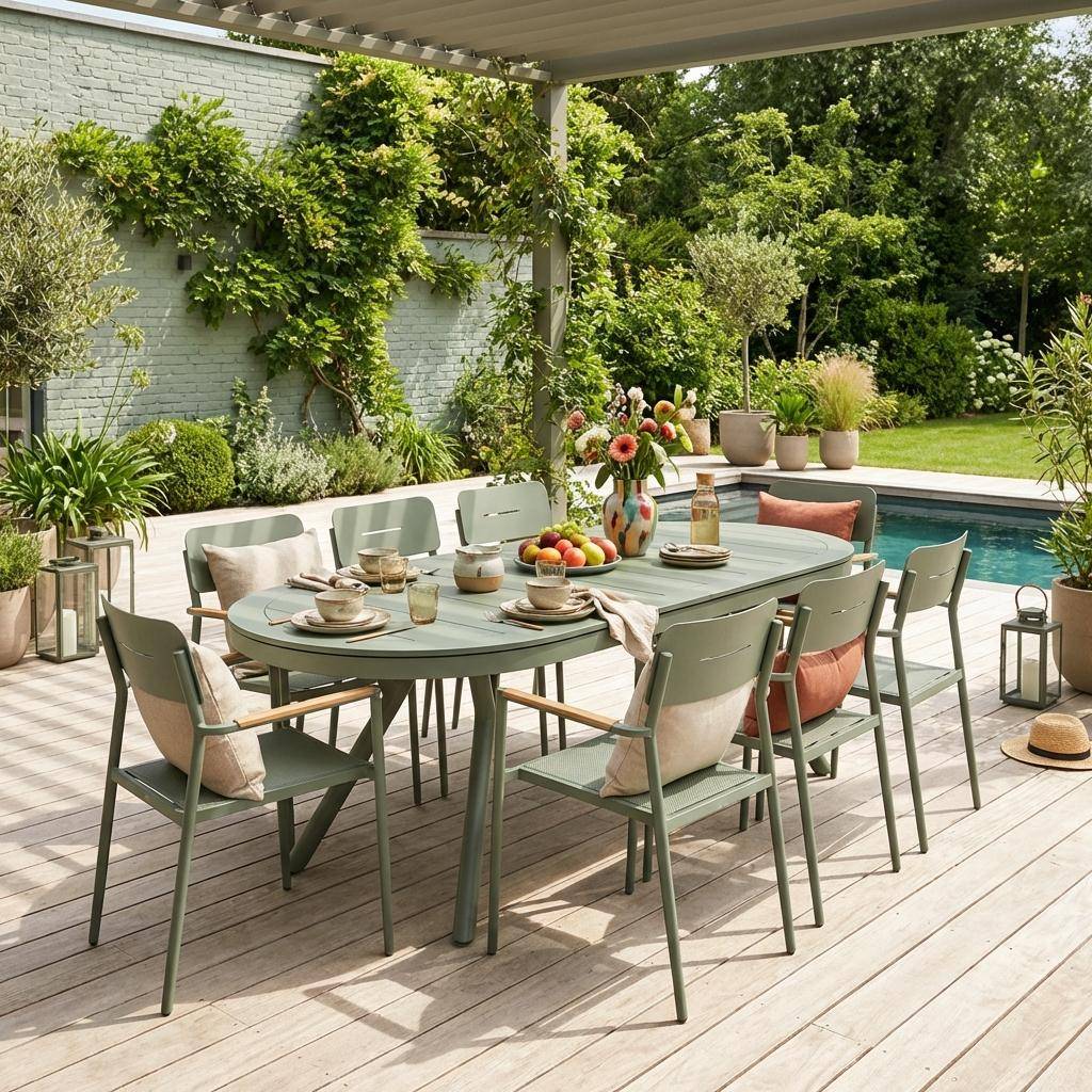 Ovaler verlängerbarer Gartentisch 220/280cm aus Aluminium + 8 Sessel khaki - Metora / Fira,sweeek,Photo1