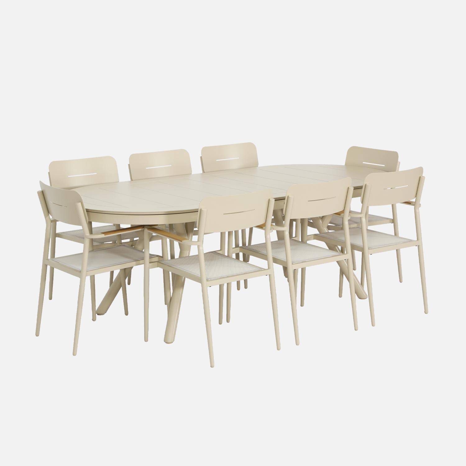 Ovaler verlängerbarer Gartentisch 220/280cm aus Aluminium + 8 Sessel beige - Metora / Fira,sweeek,Photo2