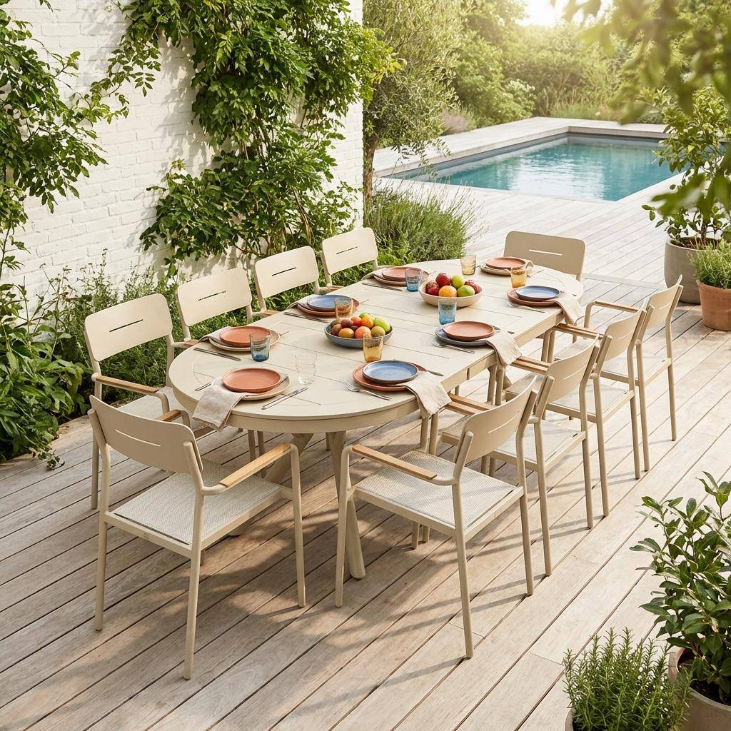 Uitschuifbare ovale tuintafel aluminium met 10 tuinstoelen beige - Metora en Fira,sweeek,Photo1