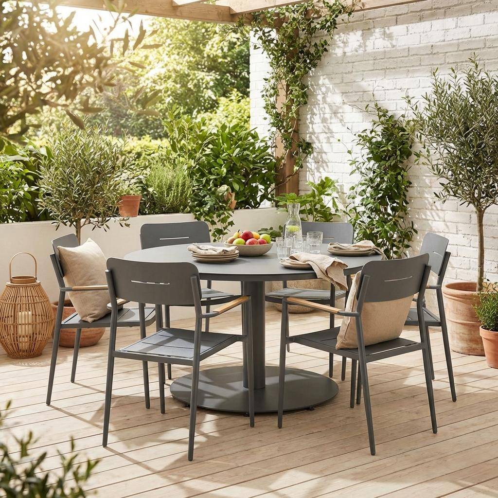 Ronde aluminium tuintafel en 6 tuinstoelen antraciet - Oreva en Fira Photo1