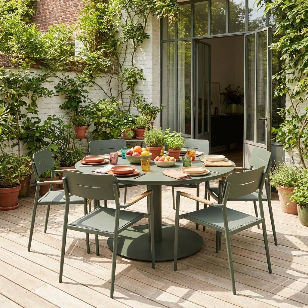 Ronde aluminium tuintafel en 6 tuinstoelen kaki - Oreva en Fira Photo2