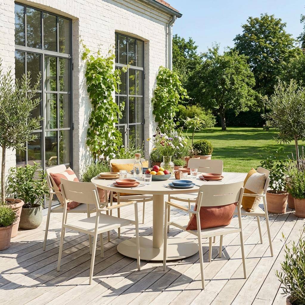 Ronde aluminium tuintafel en 6 tuinstoelen beige - Oreva en Fira Photo1