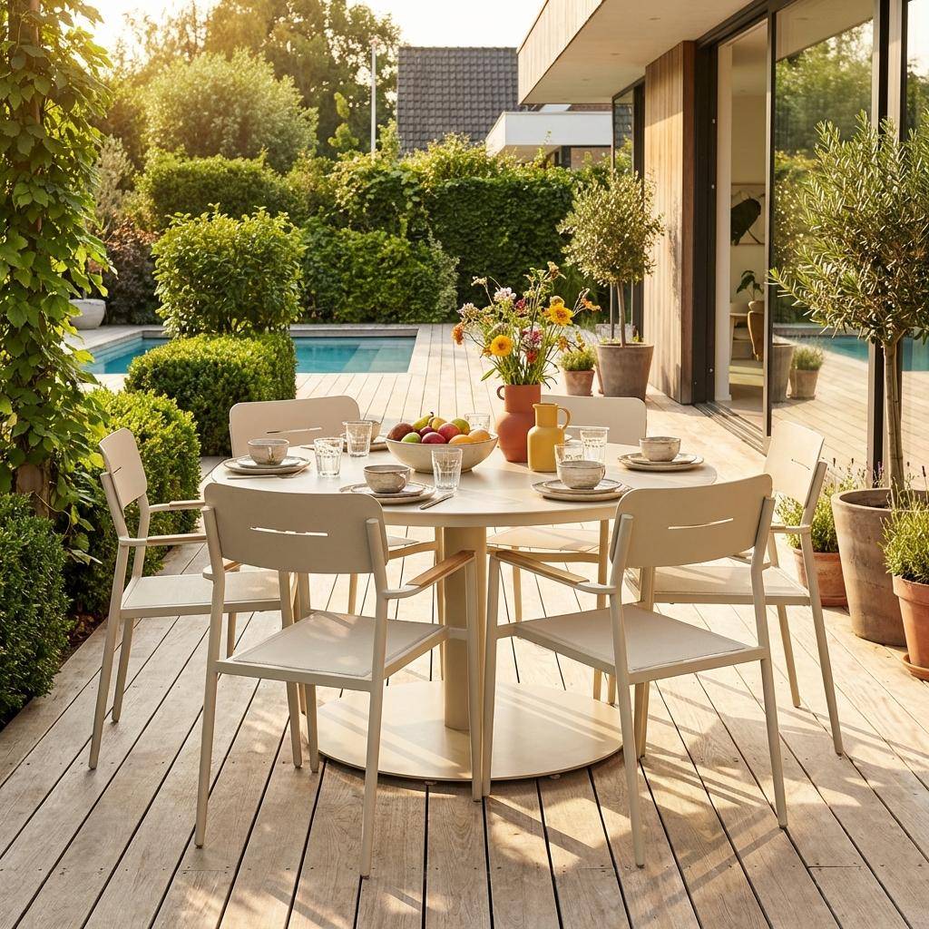 Ronde aluminium tuintafel en 6 tuinstoelen beige - Oreva en Fira Photo2