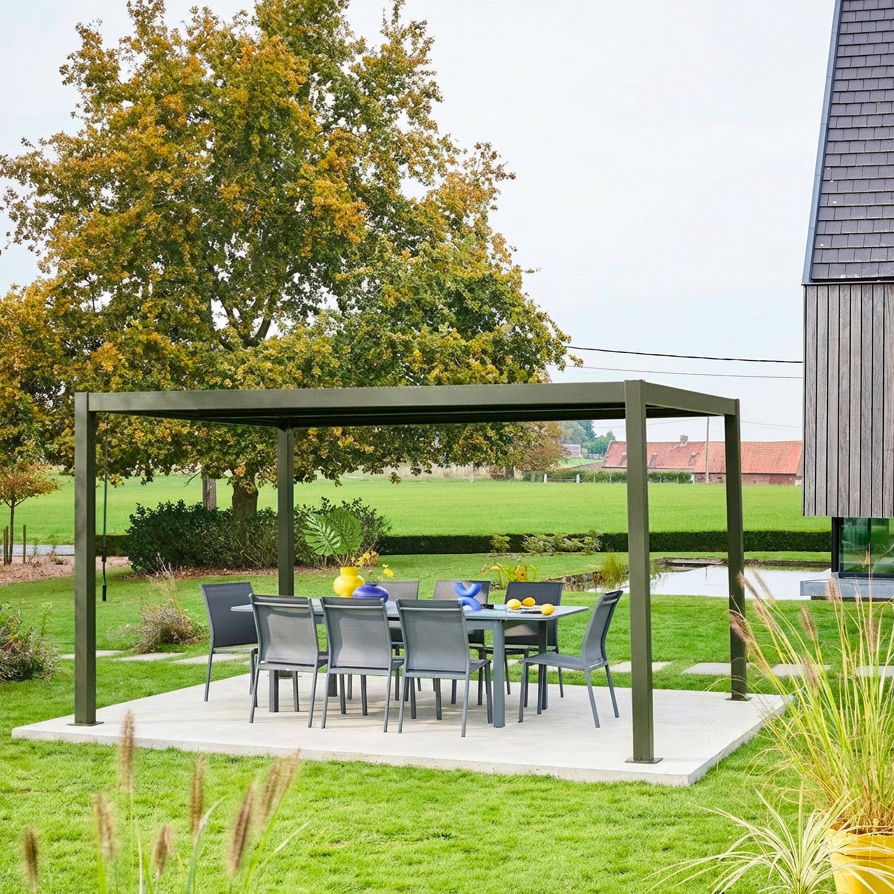 Pergola bioclimatica 3x4m in alluminio e acciaio, lamelle orientabili  Verde kaki - 303x403x231 cm Photo1
