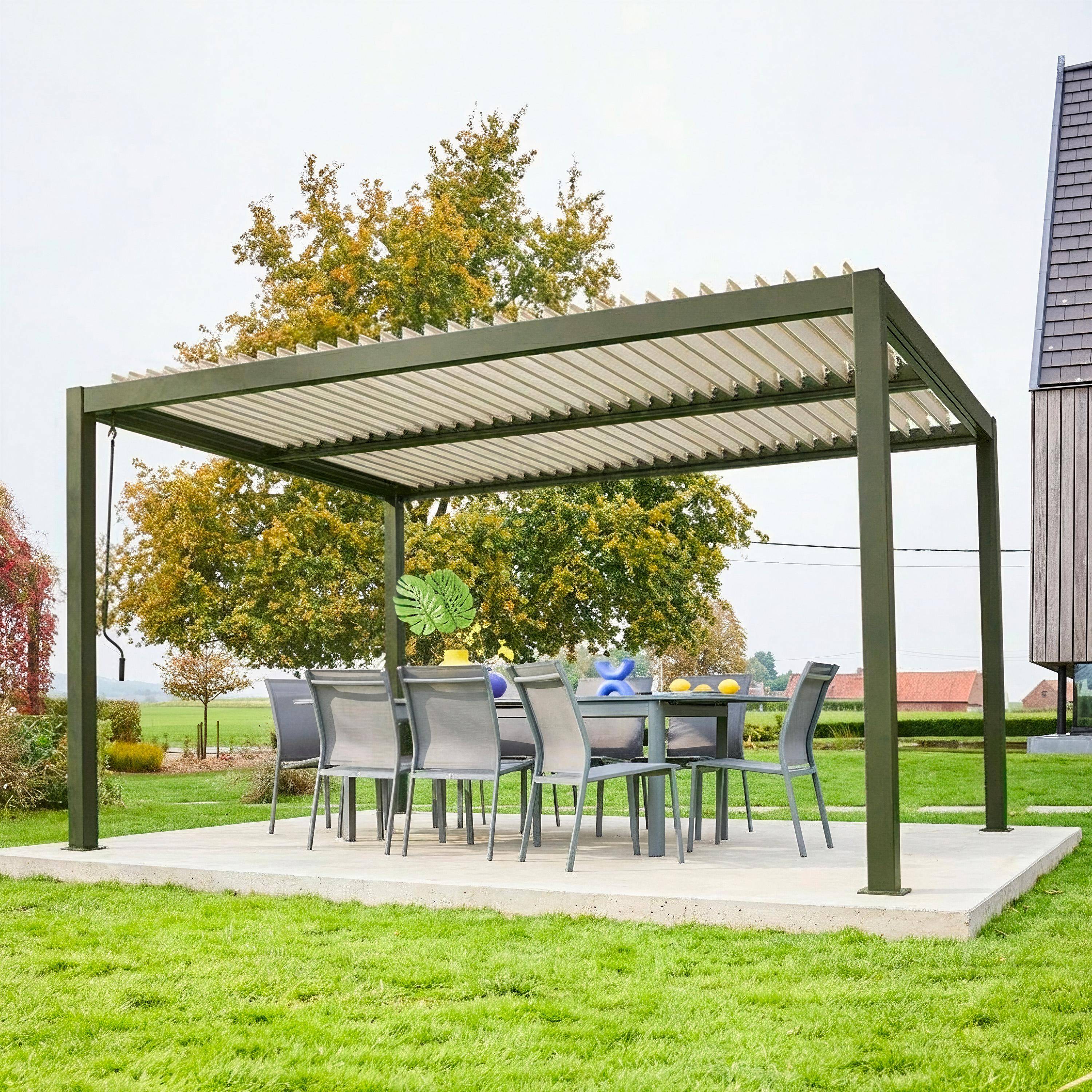 Pergola bioclimatica 3x4m in alluminio e acciaio, lamelle orientabili  Verde kaki - 303x403x231 cm Photo2