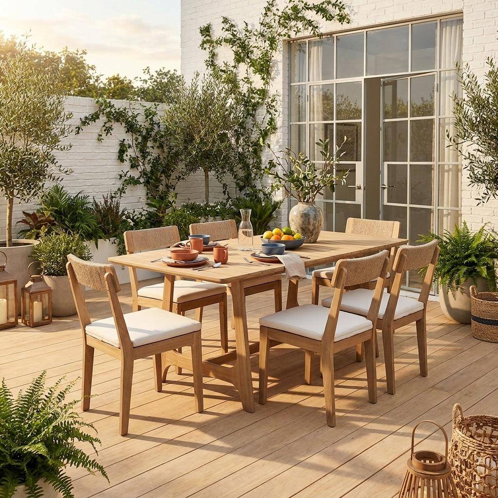 Table de jardin bois d'acacia + 6 assises naturel - Aroha + Anaki,sweeek,Photo1