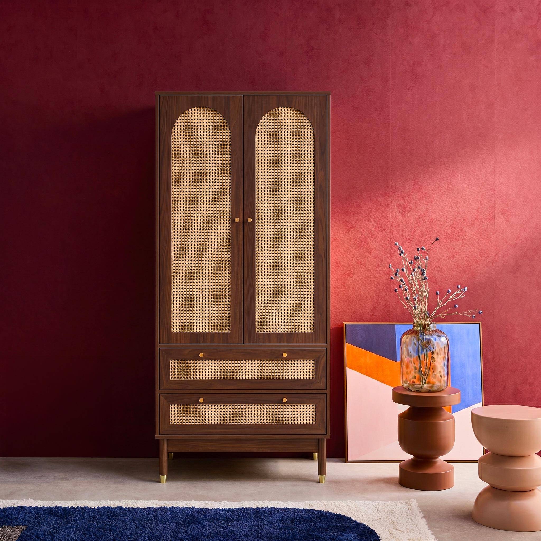 Armadio a due ante e due cassetti in legno Noce - 80x50x180 cm Photo1