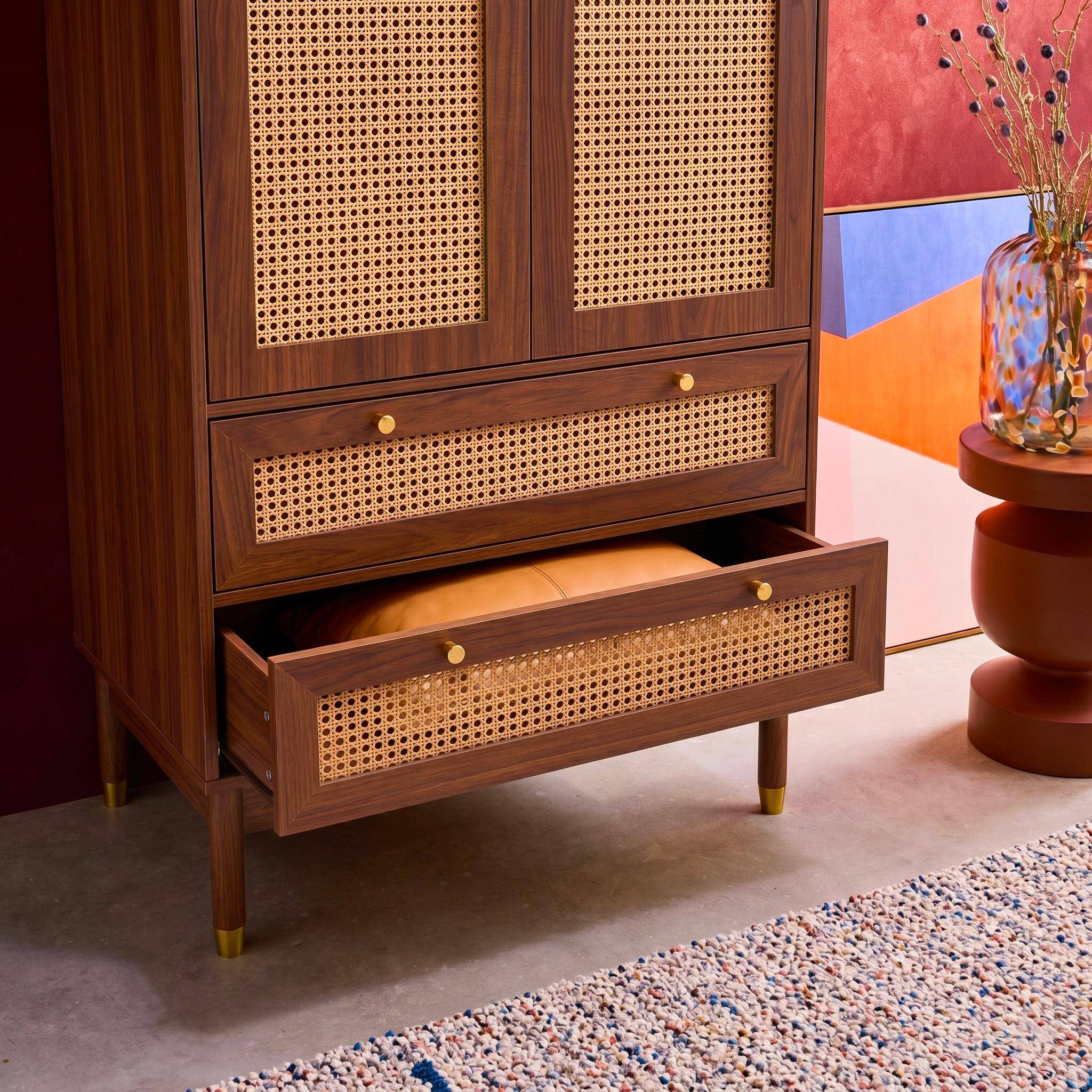 Armadio a due ante e due cassetti in legno Noce - 80x50x180 cm,sweeek,Photo3