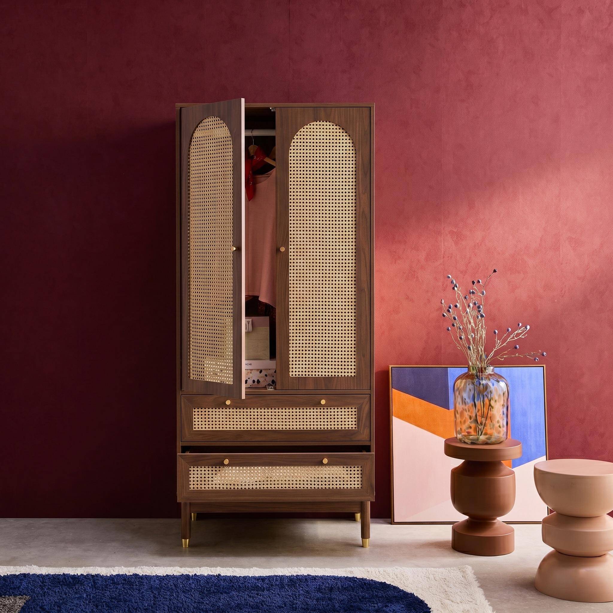 Armadio a due ante e due cassetti in legno Noce - 80x50x180 cm,sweeek,Photo2