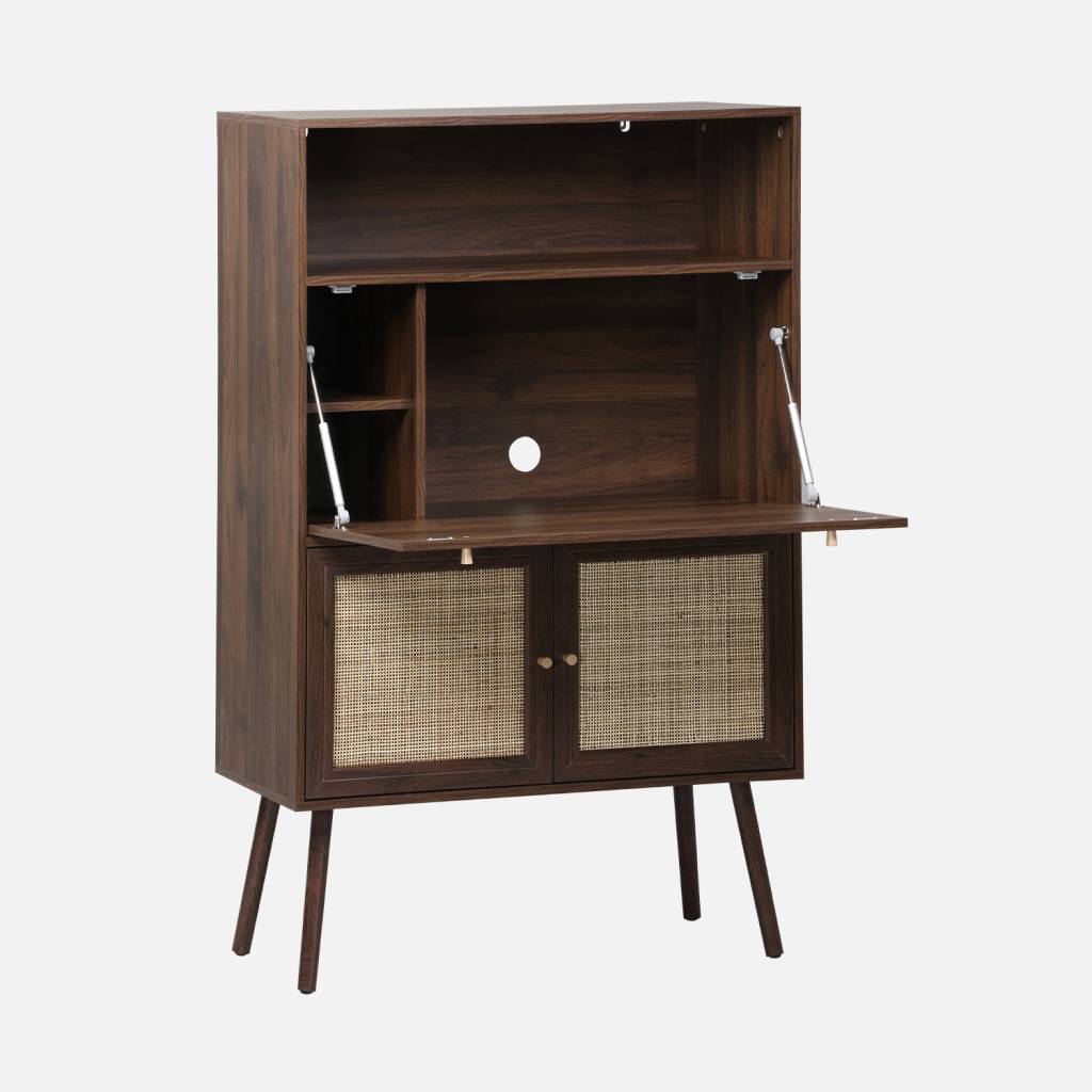 Escritorio de 2 puertas con estantes, efecto madera y caña, Nogal