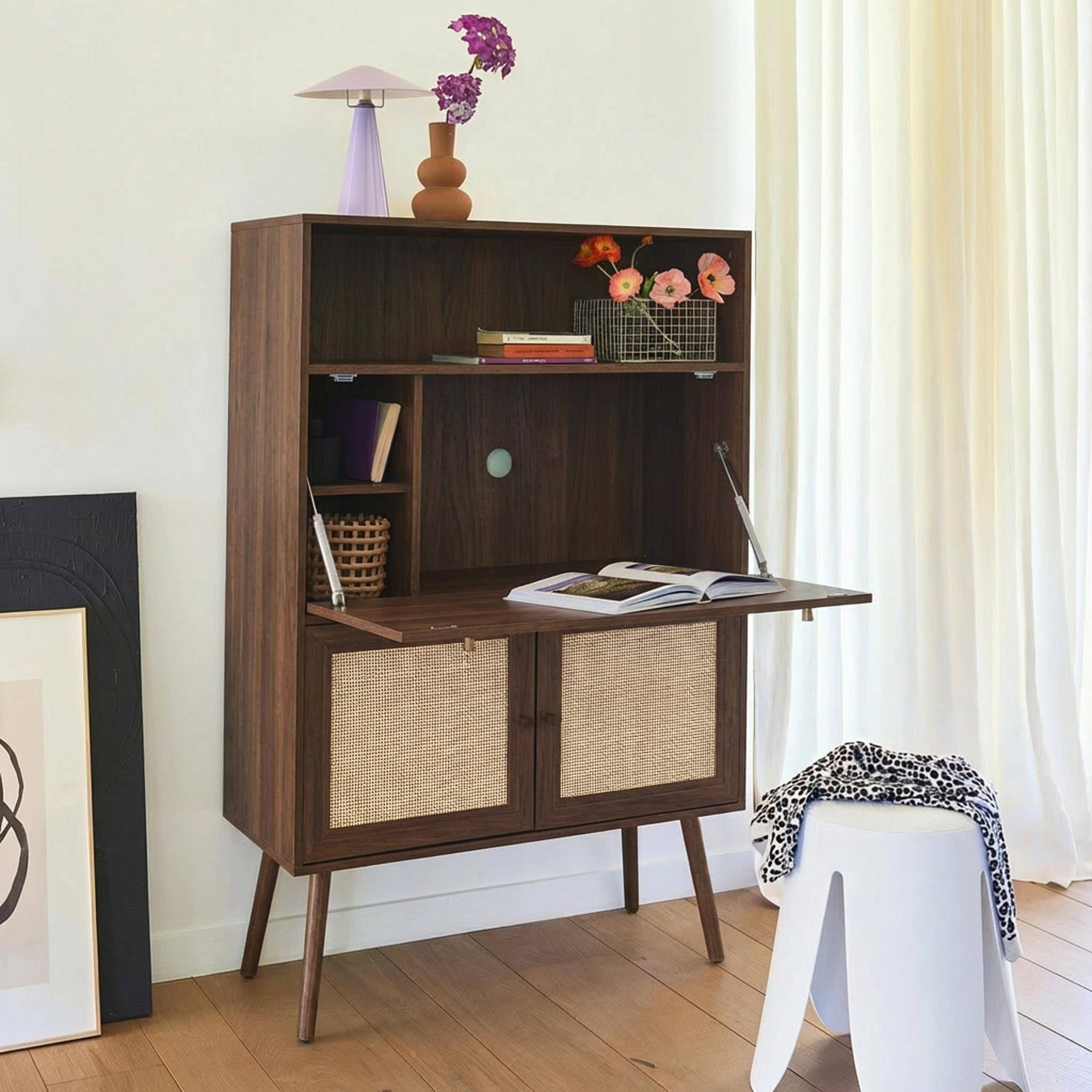 Bureau secrétaire décor bois et cannage 2 portes noyer - Boheme Photo1