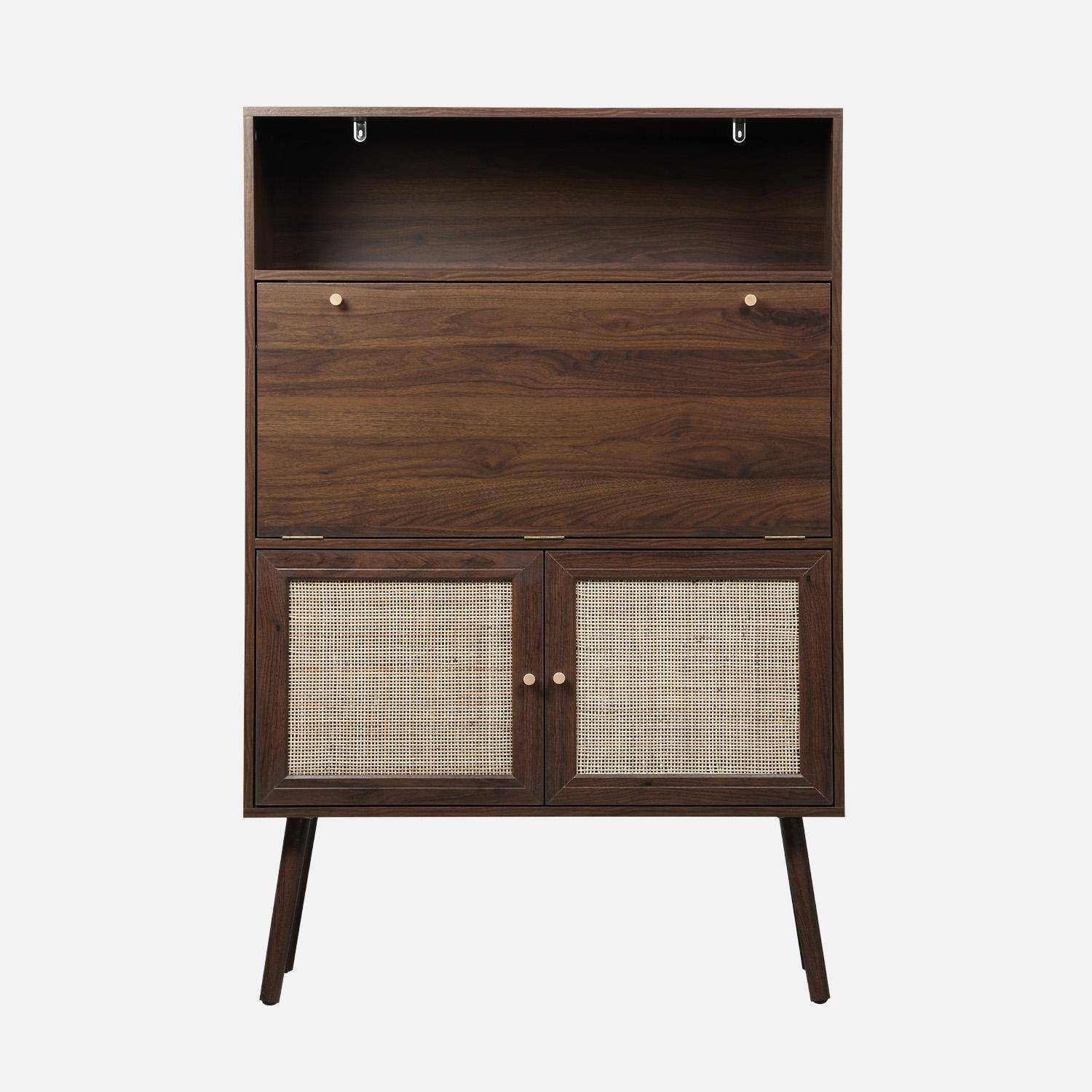 Escritorio de 2 puertas con estantes, efecto madera y caña Nogal - 90x38x138 cm Photo4