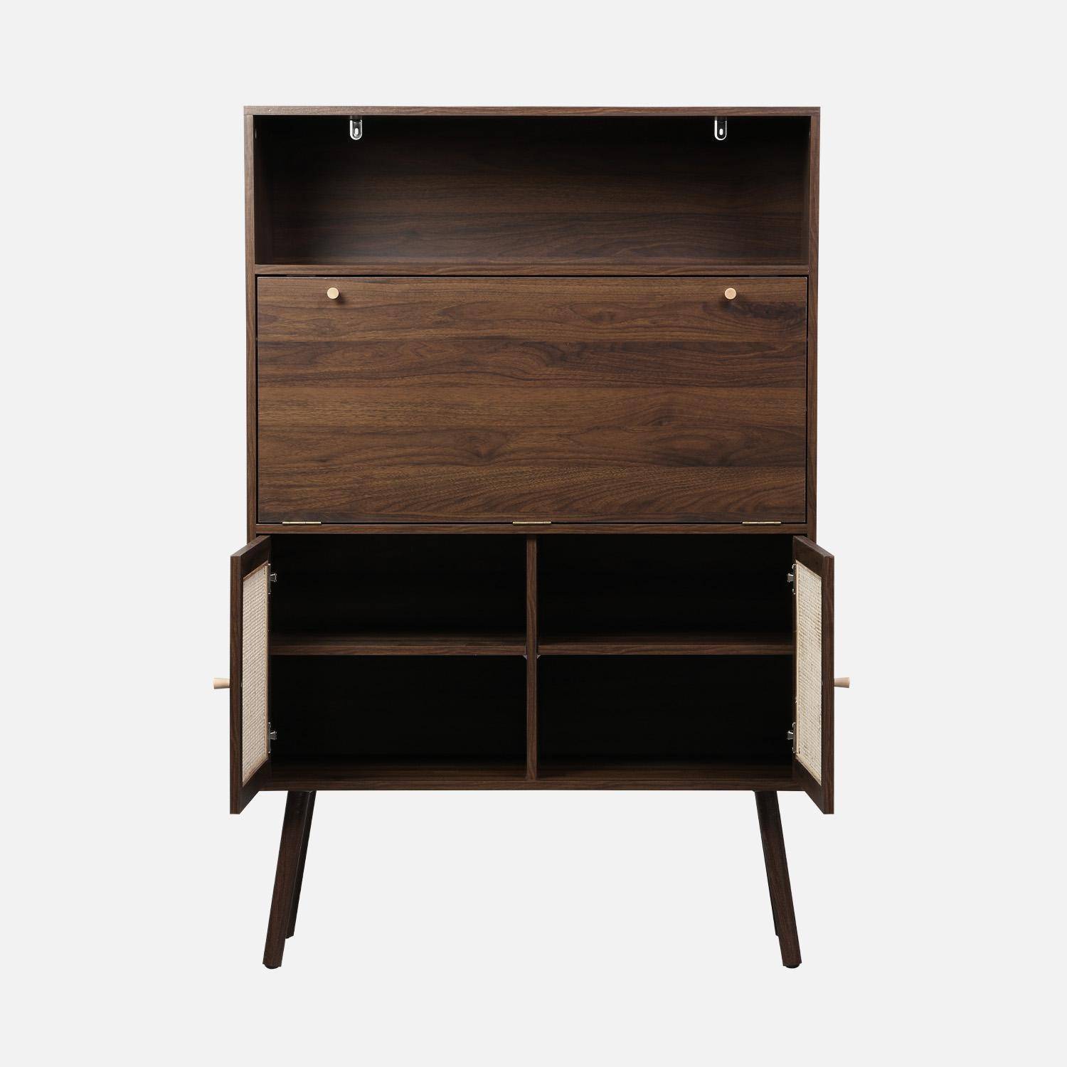 Escritorio de 2 puertas con estantes, efecto madera y caña Nogal - 90x38x138 cm,sweeek,Photo5