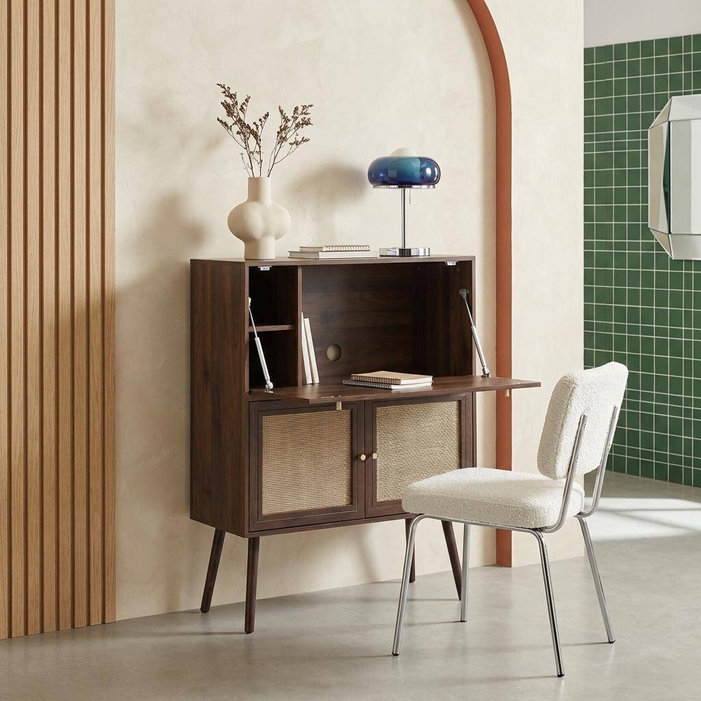 Escritorio de 2 puertas con estantes, efecto madera y caña Nogal - 90x38x138 cm Photo1