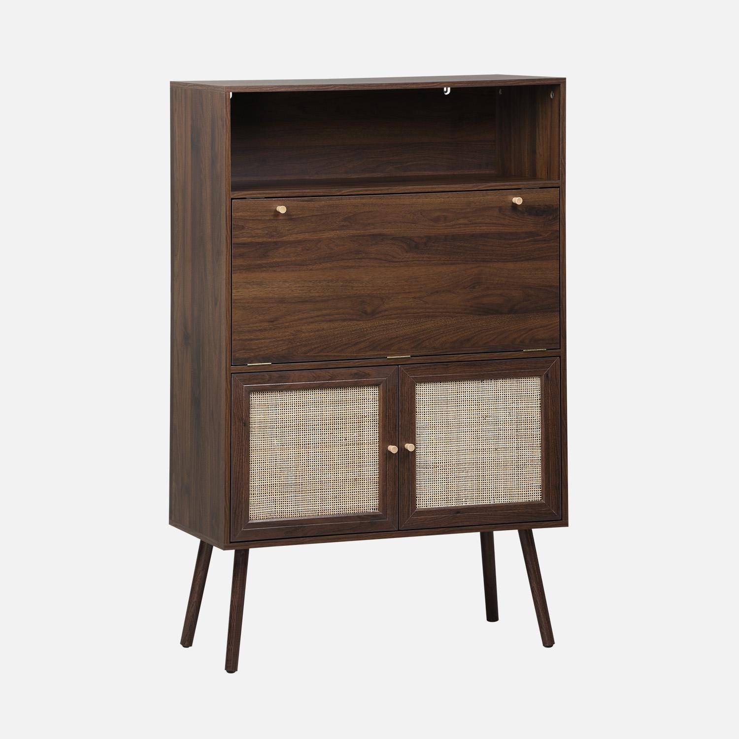 Escritorio de 2 puertas con estantes, efecto madera y caña Nogal - 90x38x138 cm,sweeek,Photo3