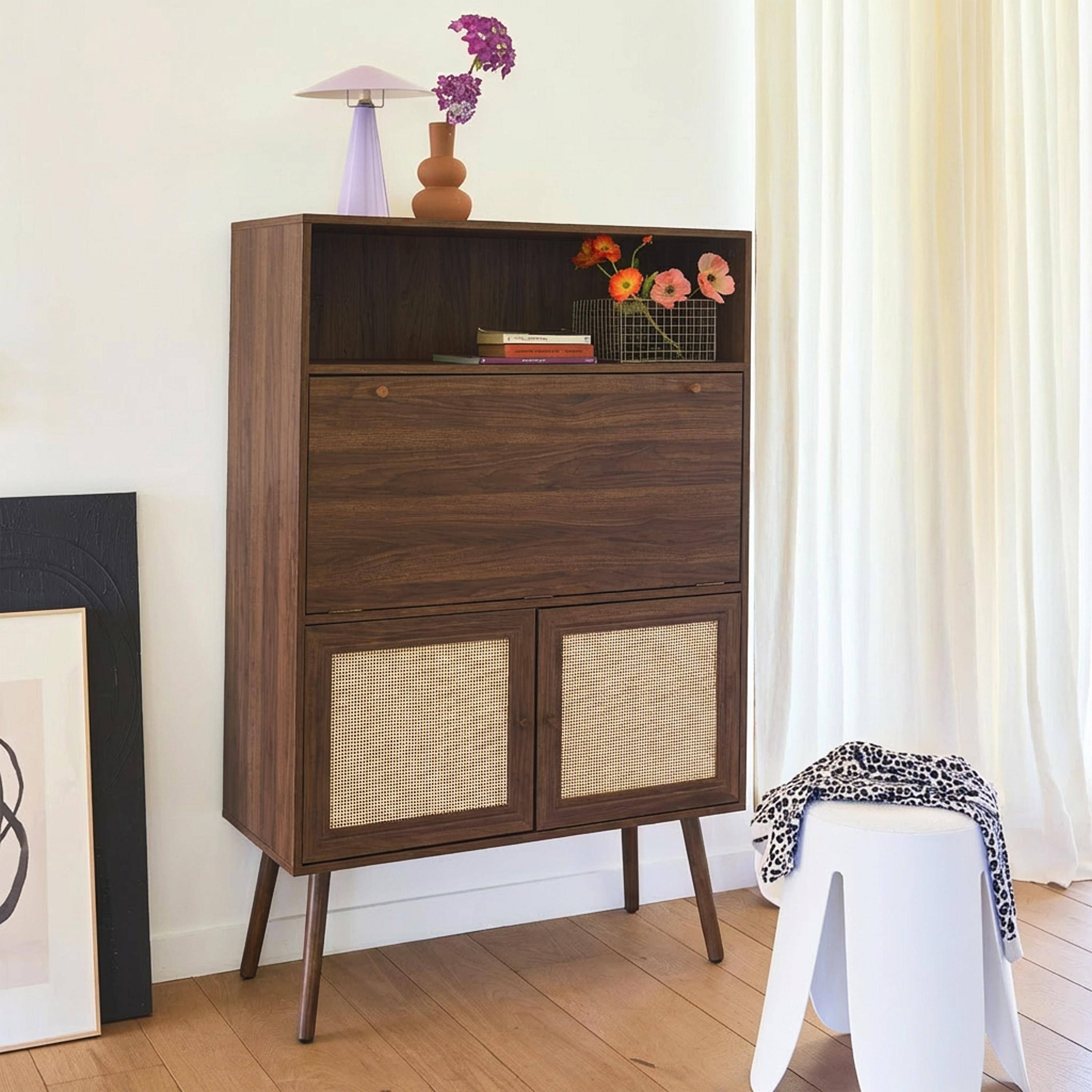 Bureau secrétaire décor bois et cannage 2 portes noyer - Boheme,sweeek,Photo2
