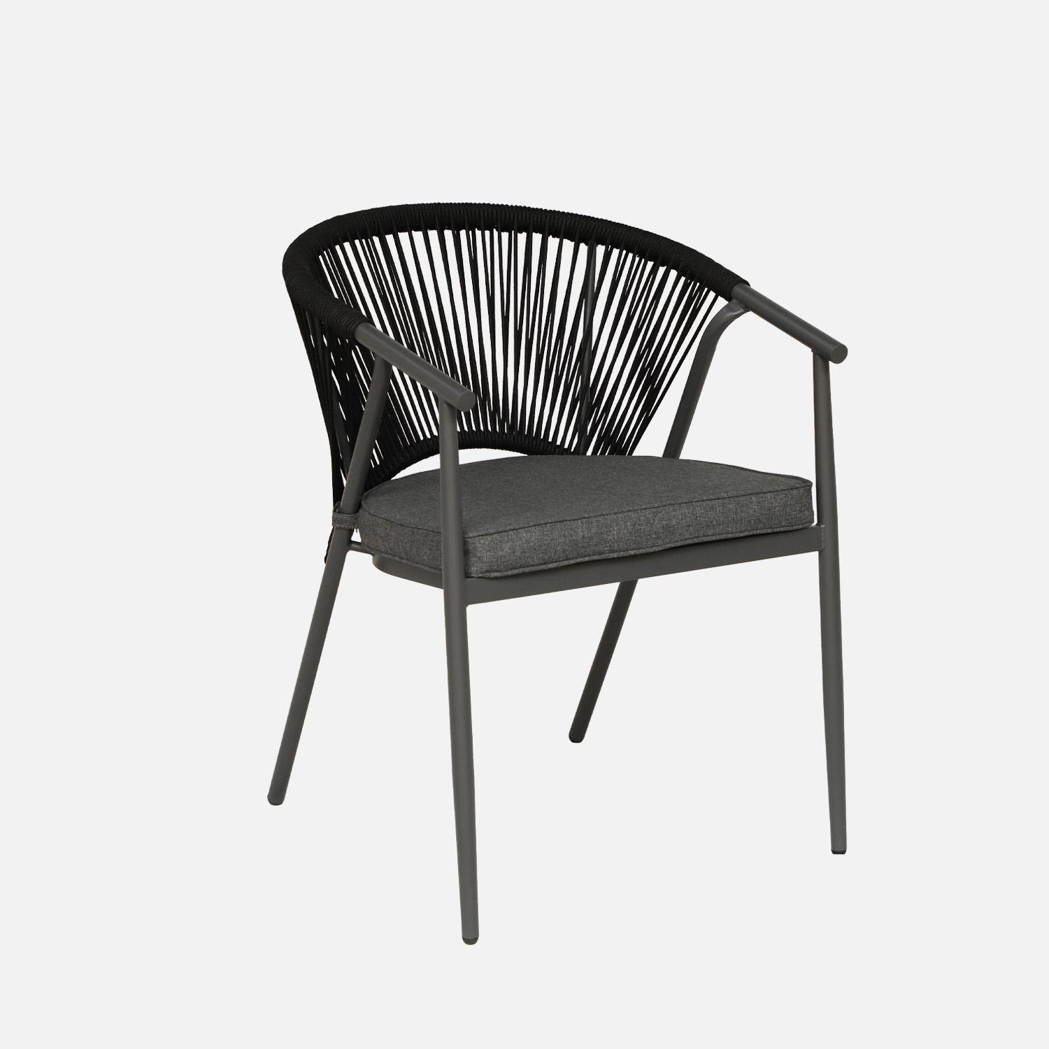 Sillón de jardín apilable de acero y cuerdas, set de 4 Negro - 56.5x58x77 cm Photo2