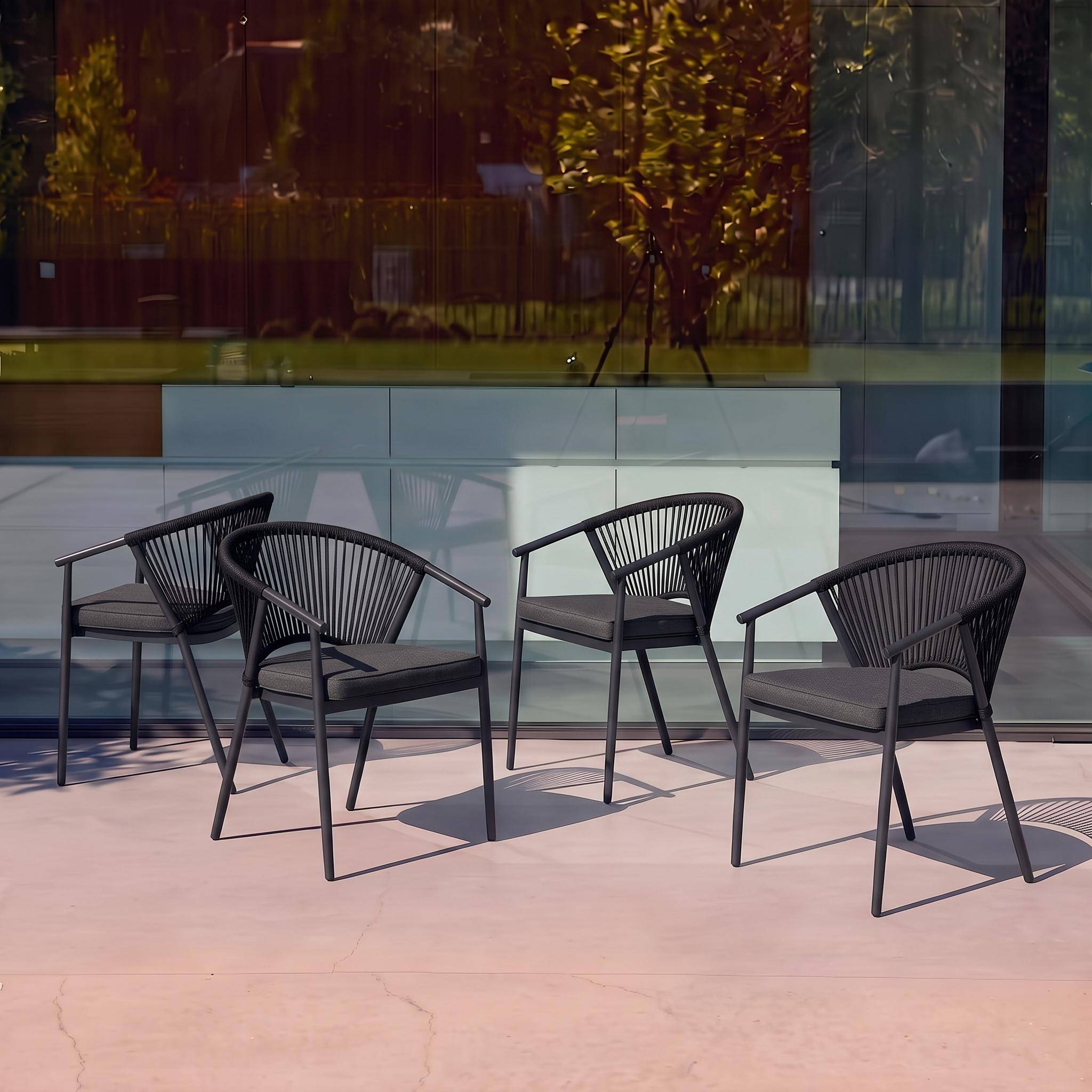 Sillón de jardín apilable de acero y cuerdas, set de 4 Negro - 56.5x58x77 cm Photo1