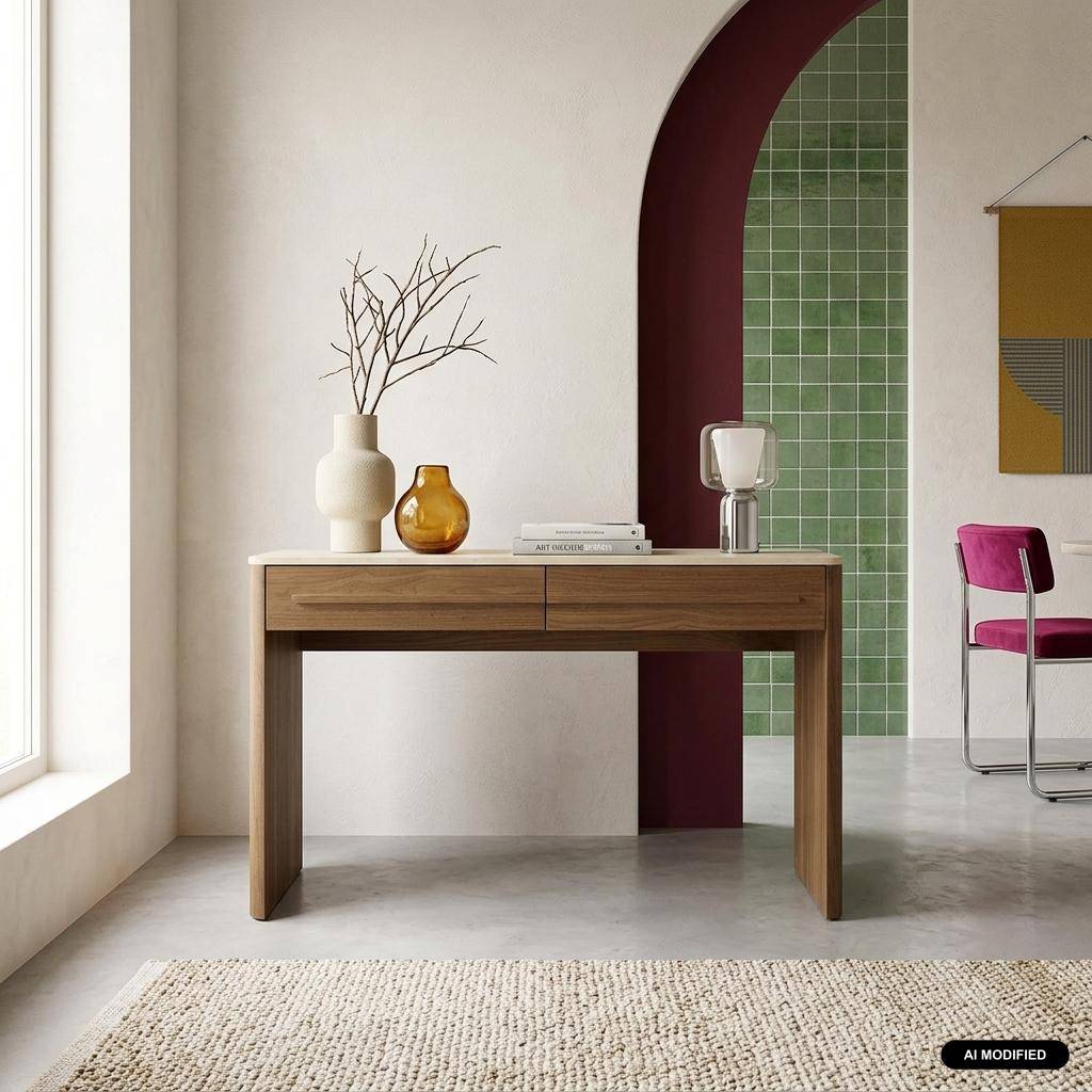 Console décor bois noyer et effet travertin 2 tiroirs 120cm - Aretha,sweeek,Photo1