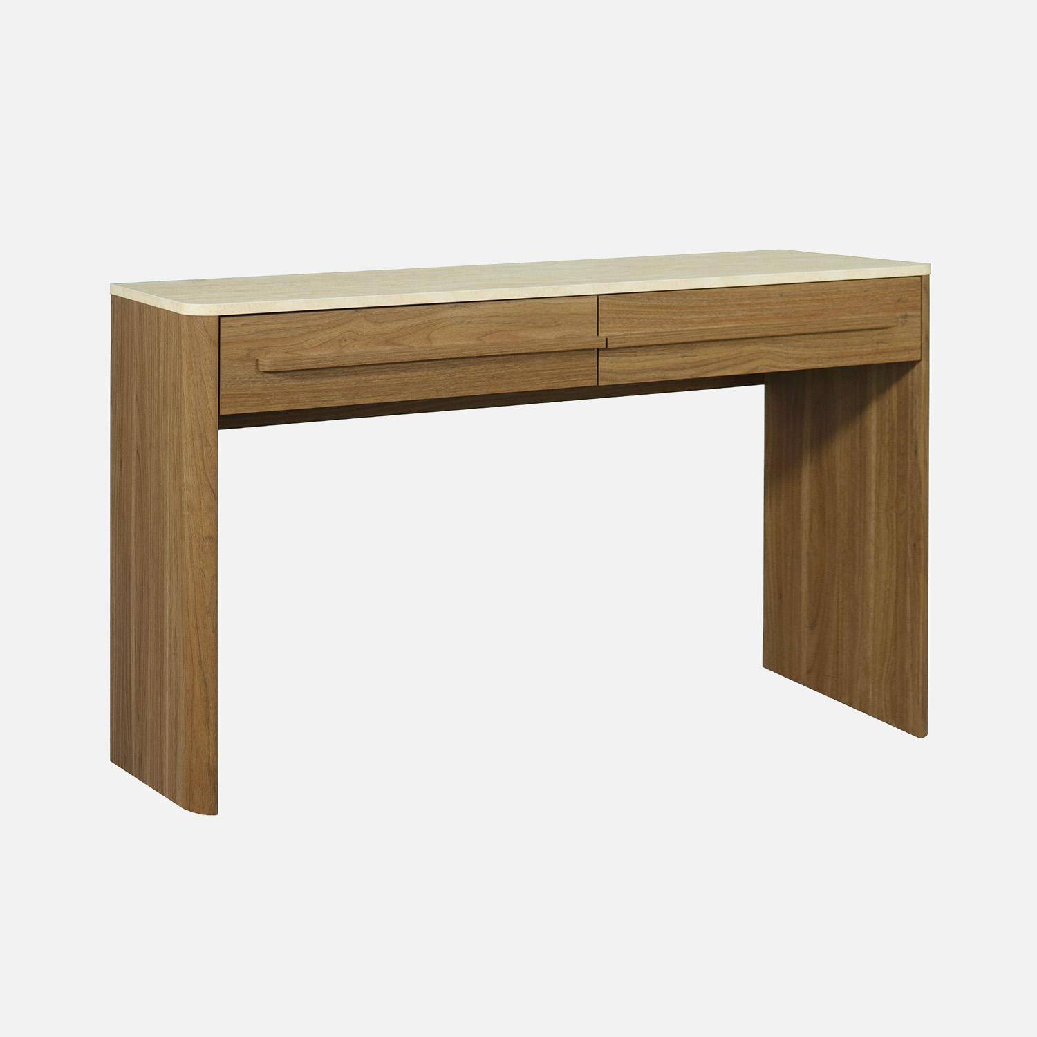 Console décor bois noyer et effet travertin 2 tiroirs 120cm - Aretha,sweeek,Photo2