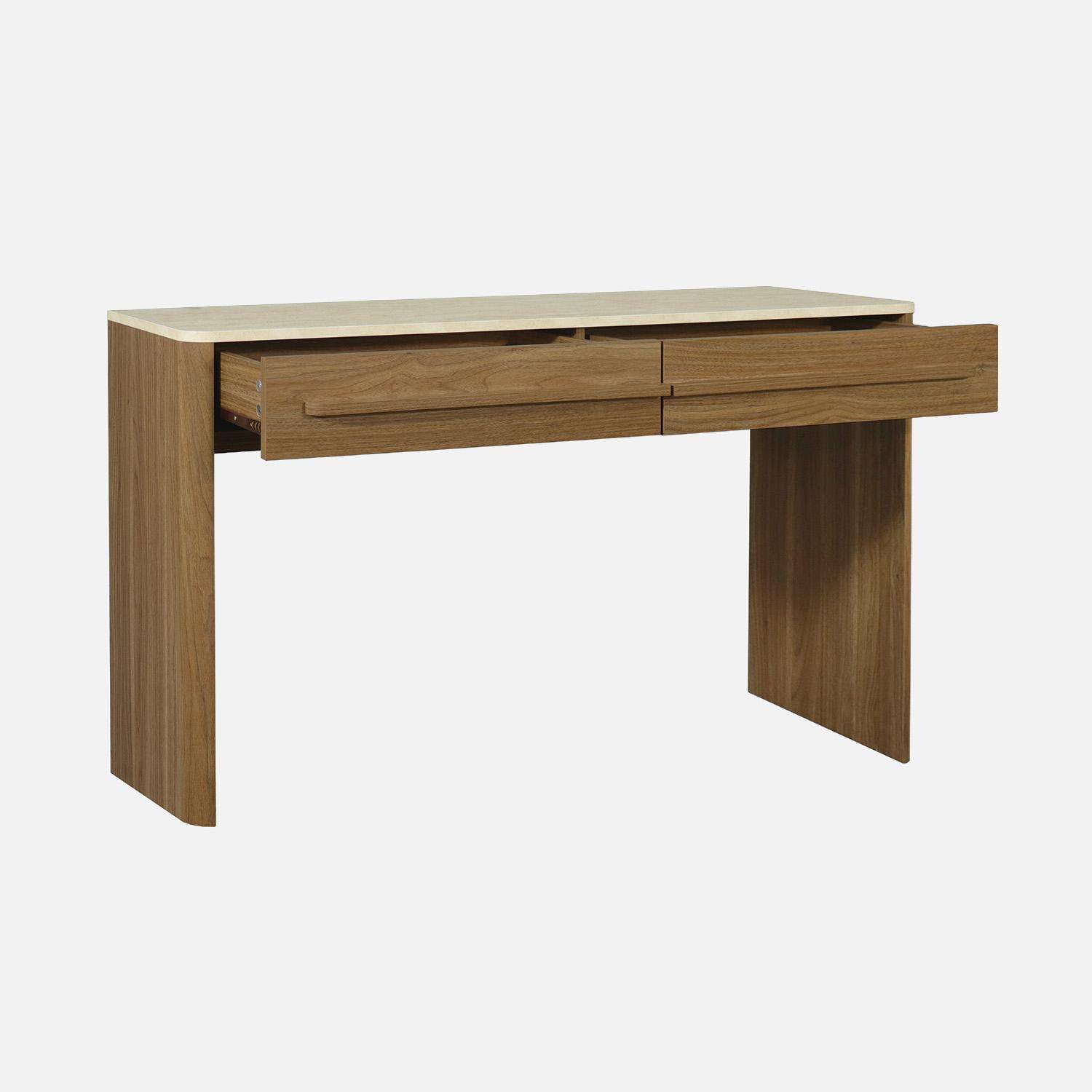 Console décor bois noyer et effet travertin 2 tiroirs 120cm - Aretha Photo2