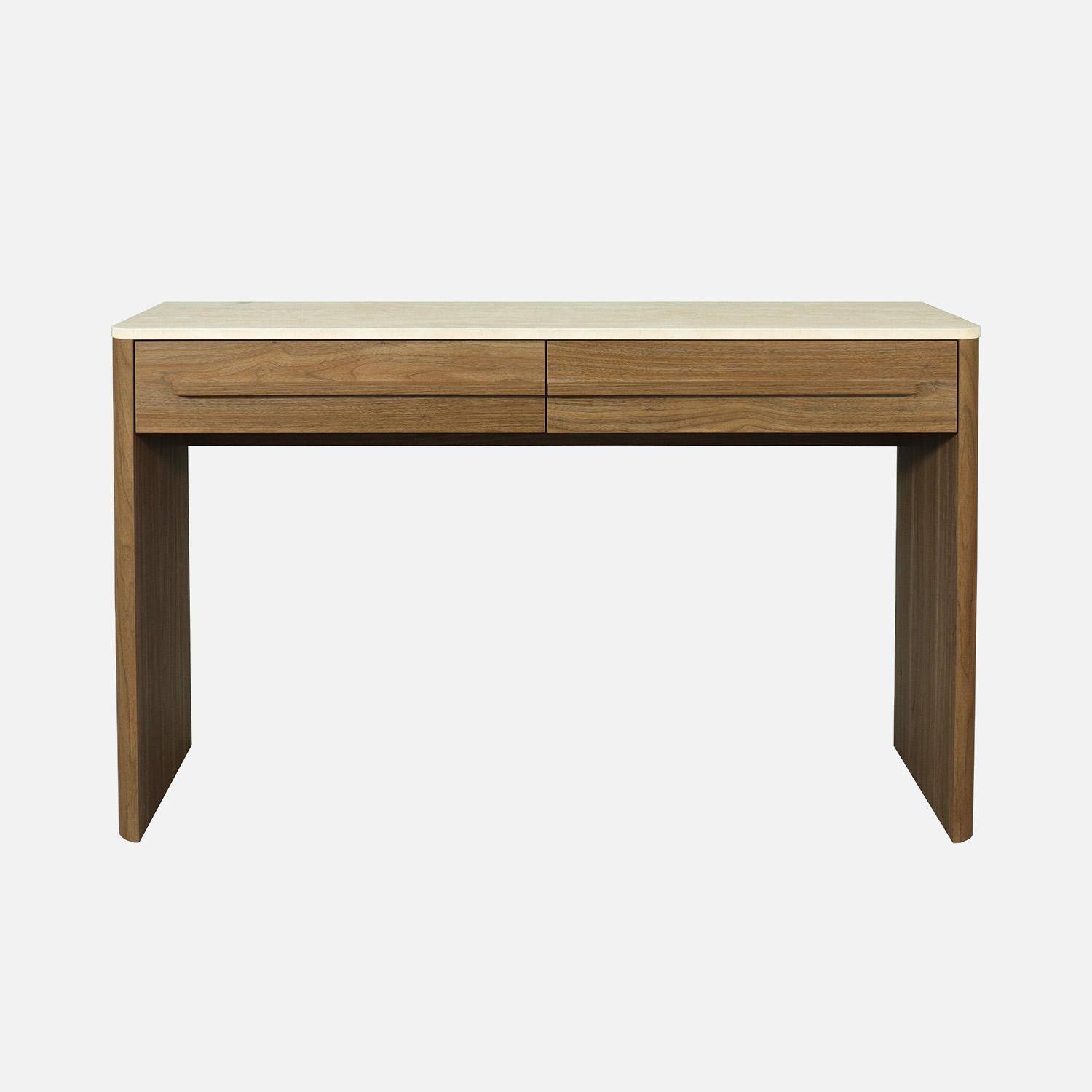 Console décor bois noyer et effet travertin 2 tiroirs 120cm - Aretha,sweeek,Photo4