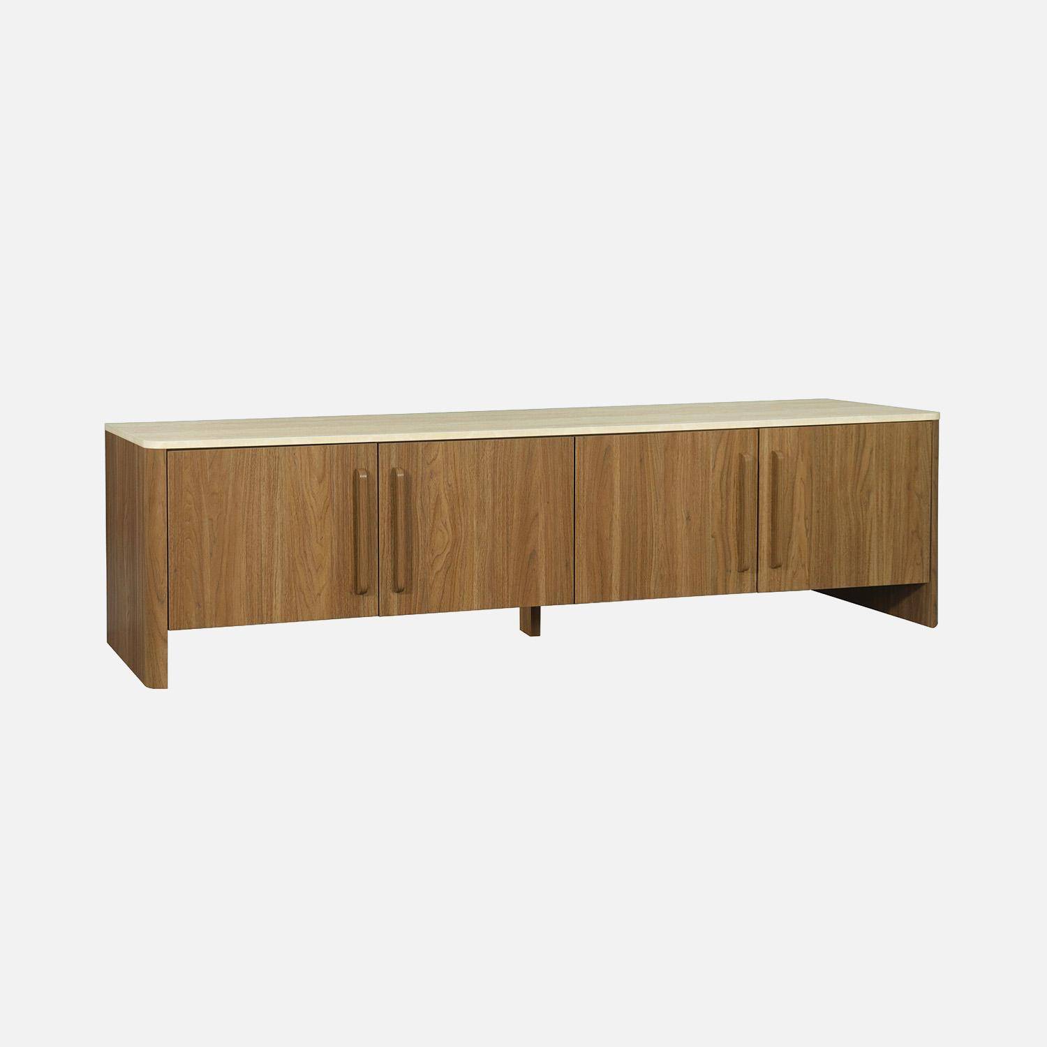Meuble TV décor bois noyer et effet travertin 4 portes 180cm - Aretha Photo2