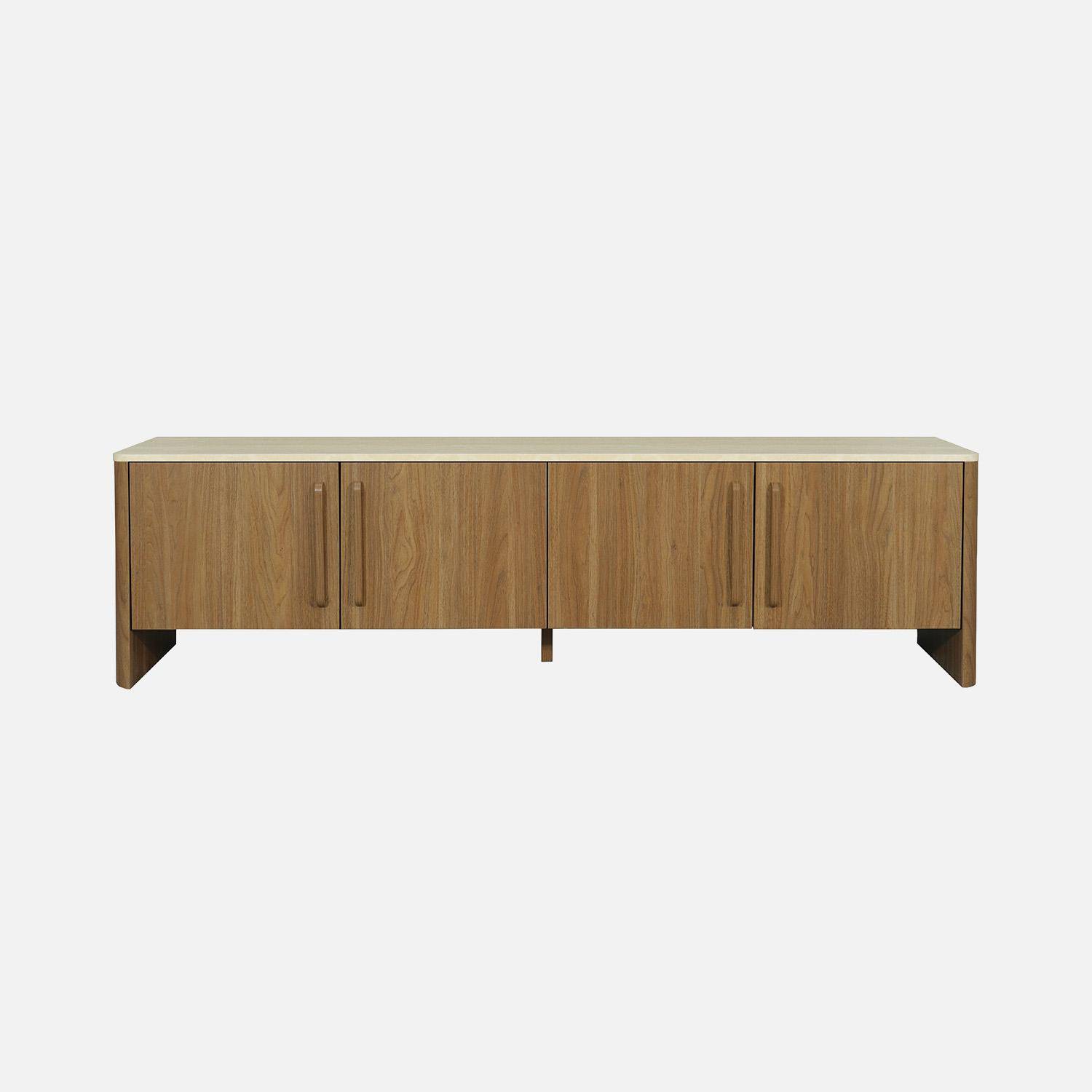 Meuble TV décor bois noyer et effet travertin 4 portes 180cm - Aretha Photo3