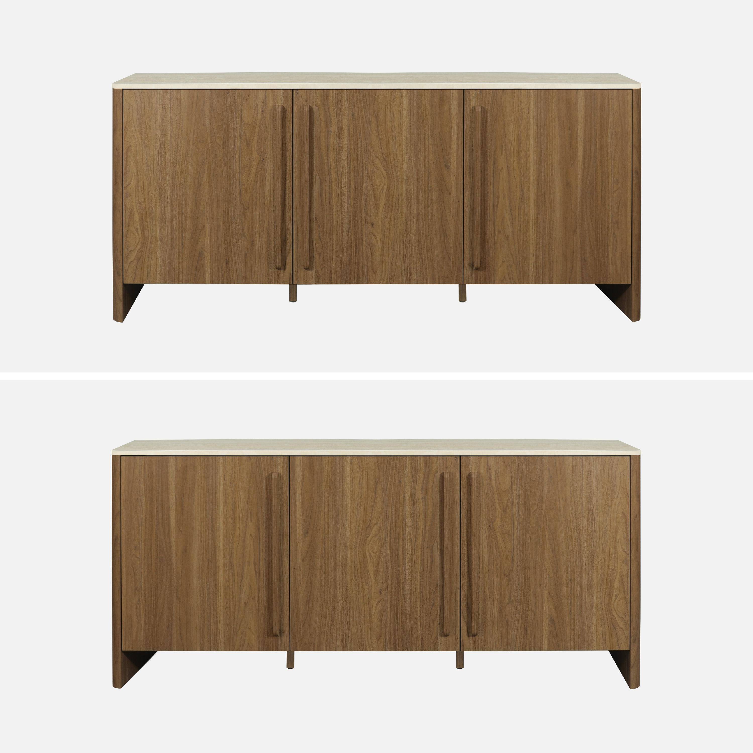 Buffet décor bois noyer et effet travertin 3 portes 160cm - Aretha Photo3