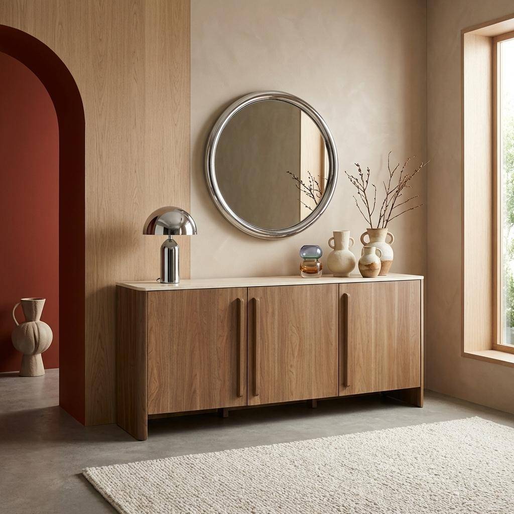 Buffet décor bois noyer et effet travertin 3 portes 160cm - Aretha Photo1