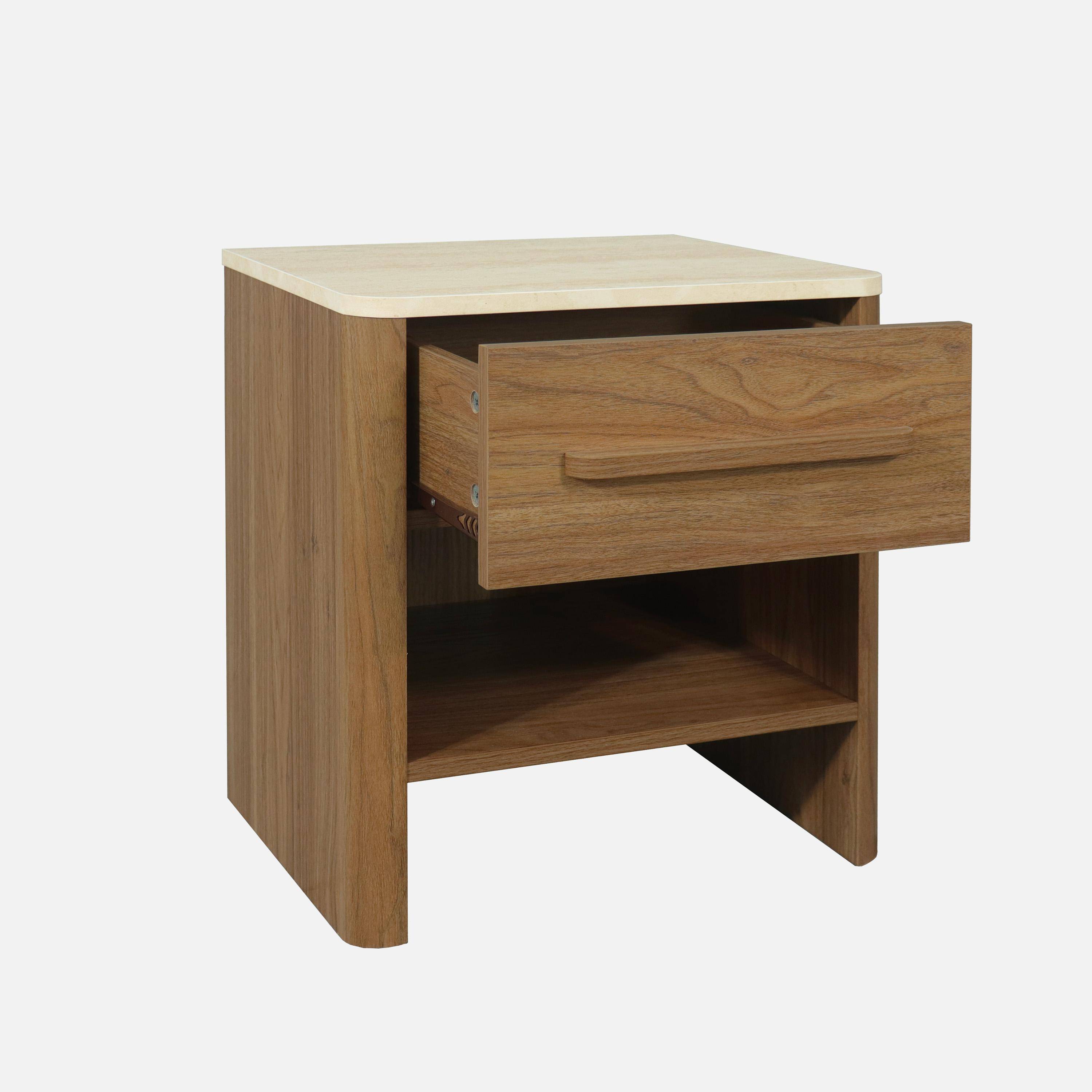 Table de chevet décor bois noyer et effet travertin 1 tiroir - Aretha Photo3