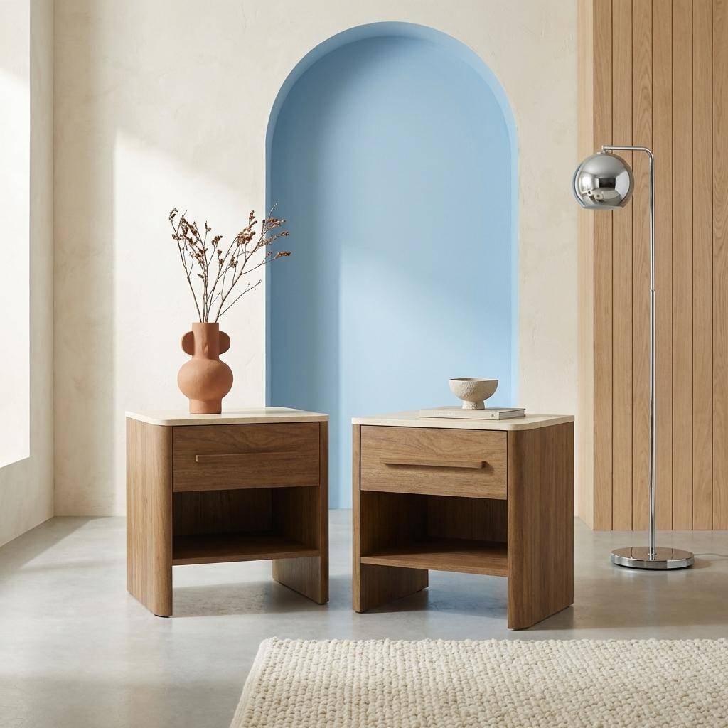 Lot de 2 tables de chevet décor bois noyer et effet travertin 1 tiroir - Aretha,sweeek,Photo1