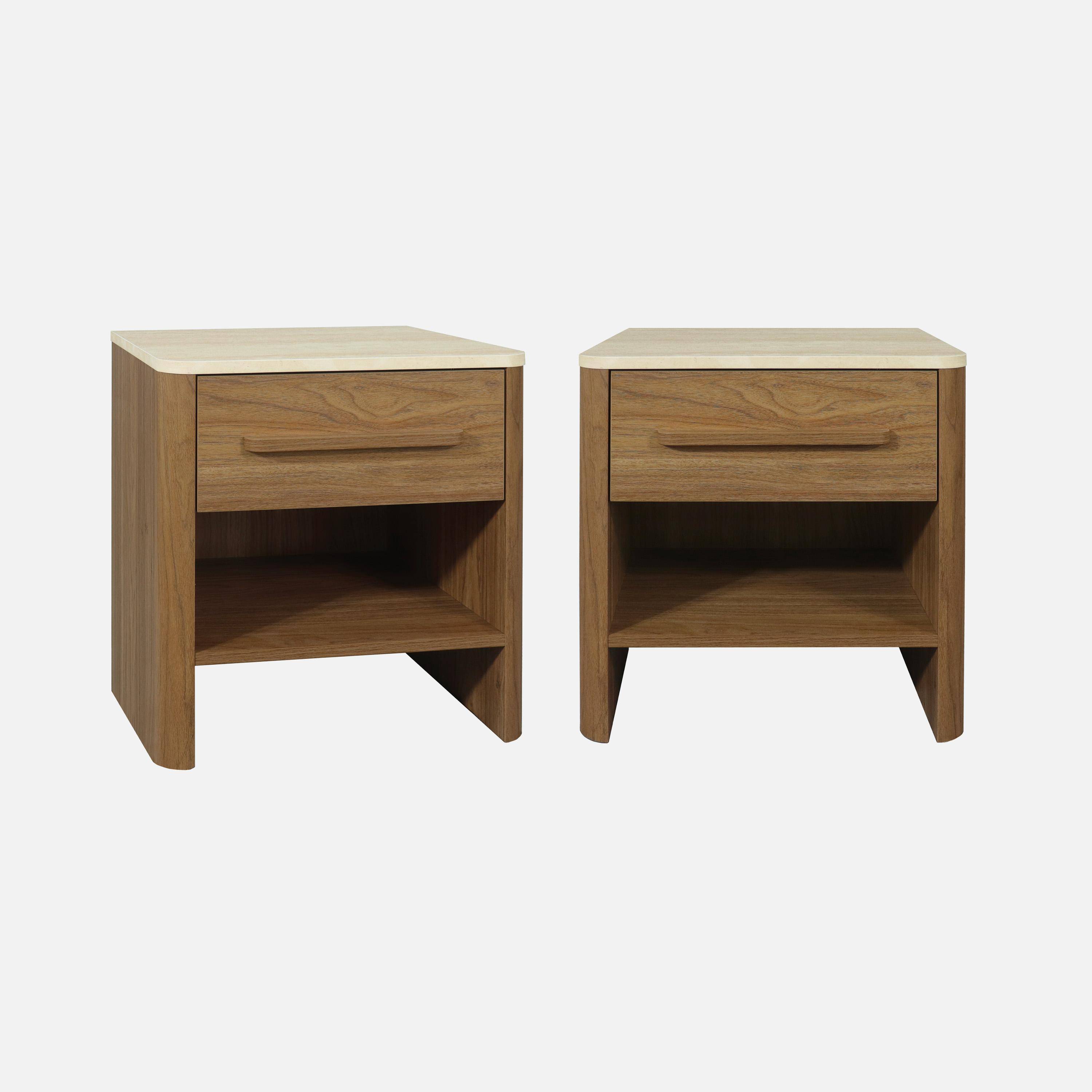 Lot de 2 tables de chevet décor bois noyer et effet travertin 1 tiroir - Aretha Photo2