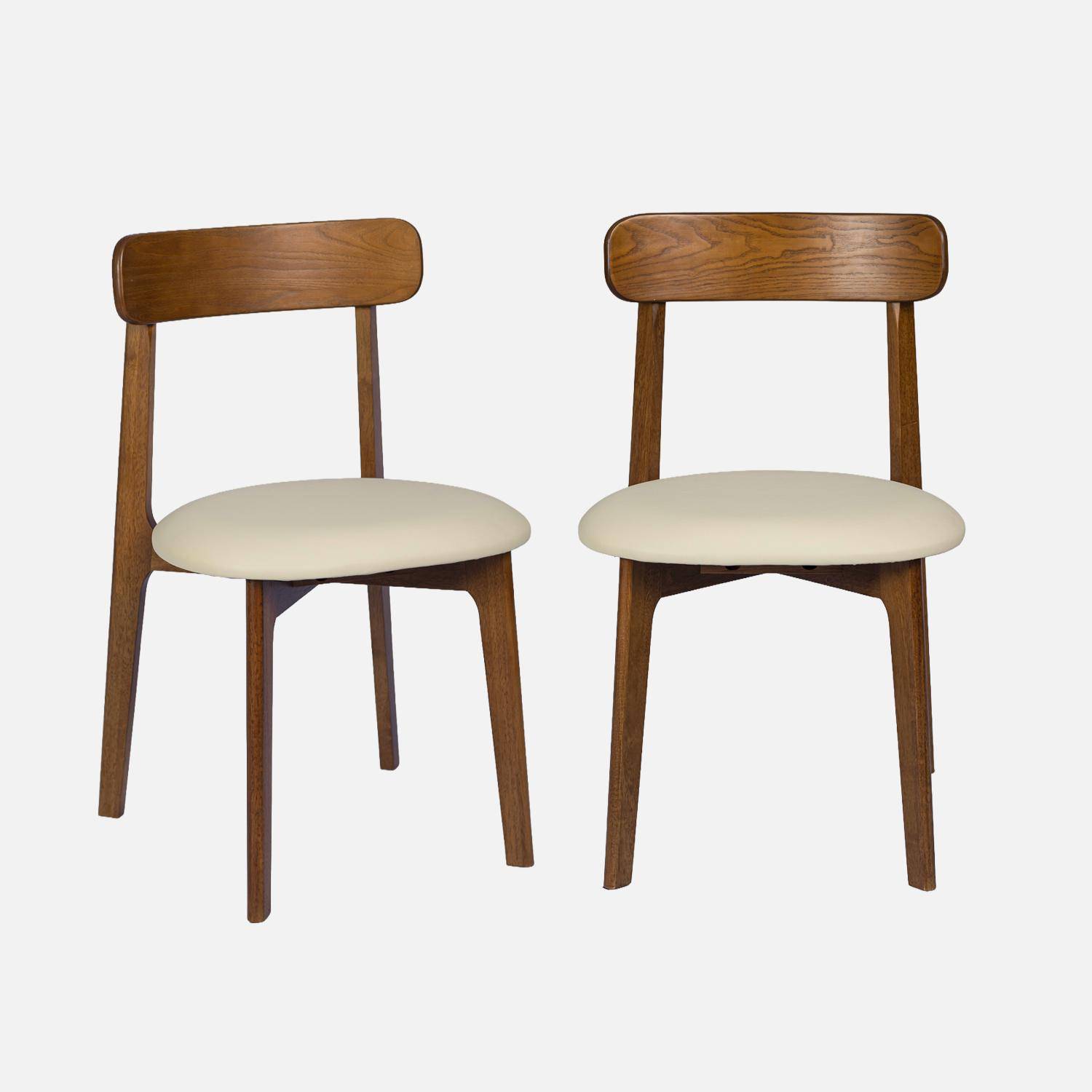 Lot de 2 chaises vintage bois d'hévéa noyer et simili cuir beige - Victoire Photo2